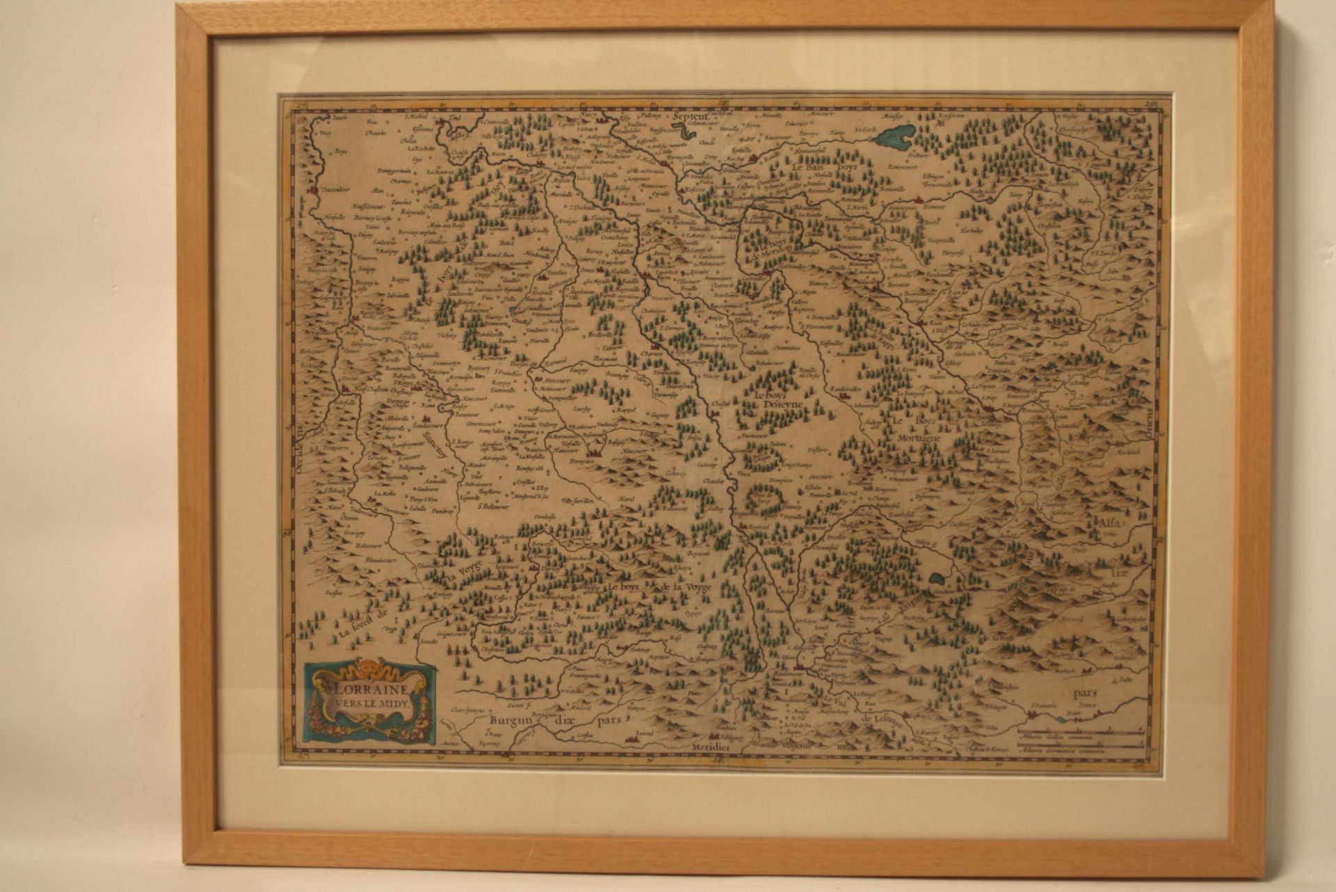 Carte rehaussée encadrée de la "Lorraine vers le Midy" par Mercator, 1630 - [...]