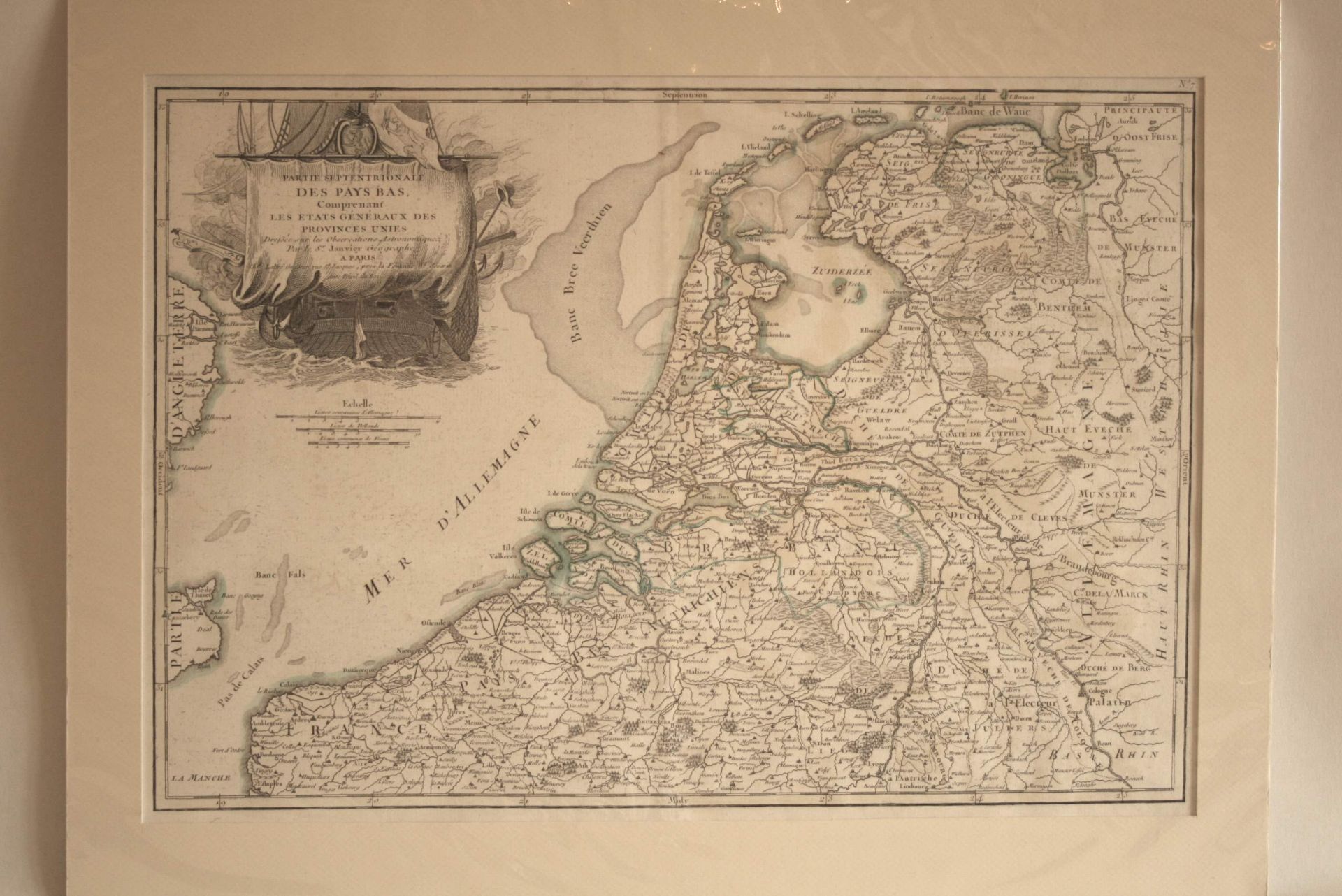 Carte rehaussée des Pays-Bas : "Partie Septentrionale des Pays bas Comprenant les [...]