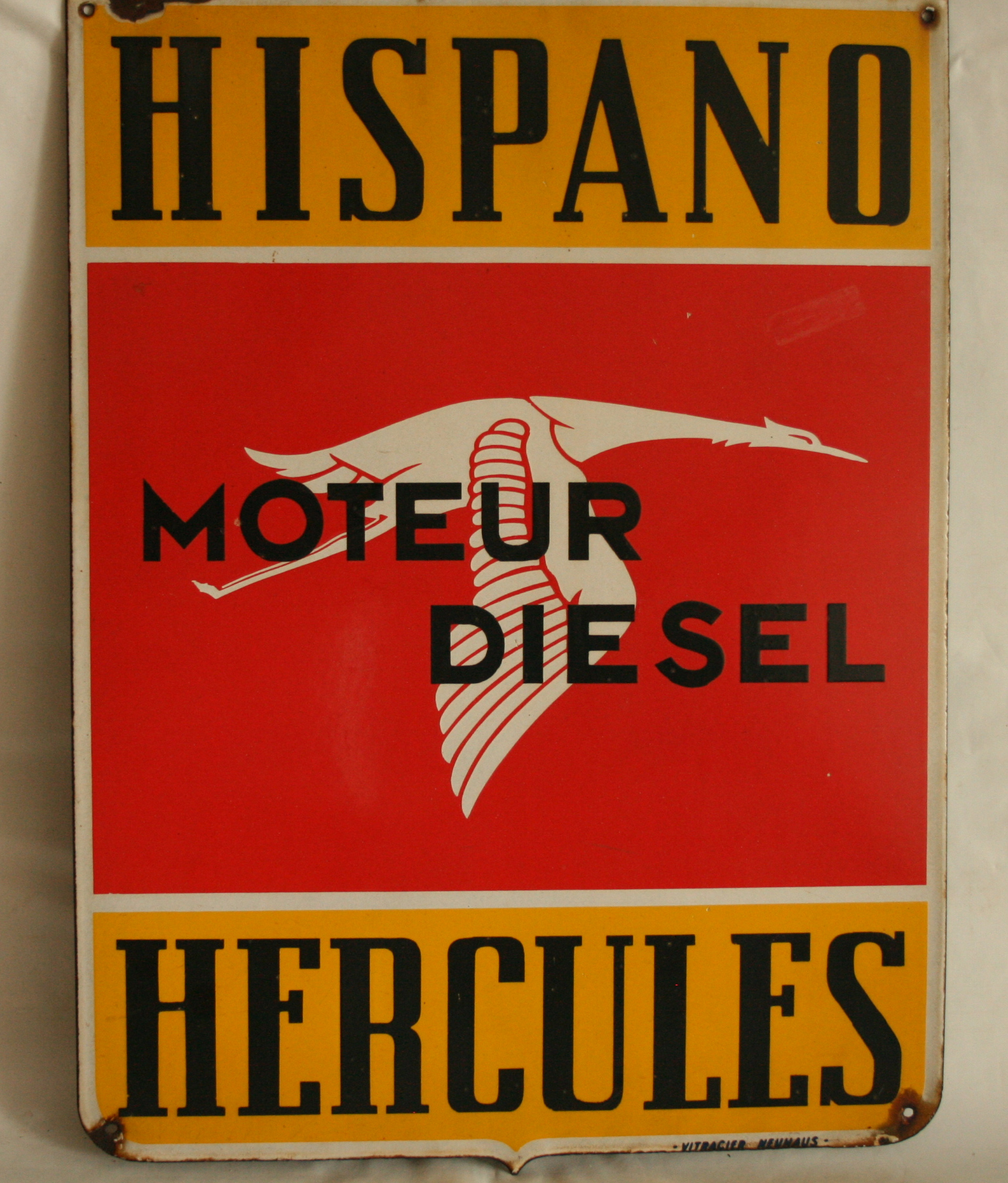 Plaque publicitaire émaillée “HISPANO HERCULES DIESEL", Vitracier NEUHAUS, [...]