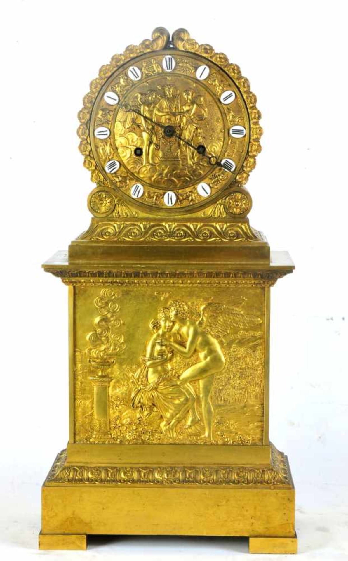 A GILT BRONZE EMPIRE CLOCK, AMOR AND PSYCHE, ZODIAC, FRANCE 1810-1820Origin: France, empire