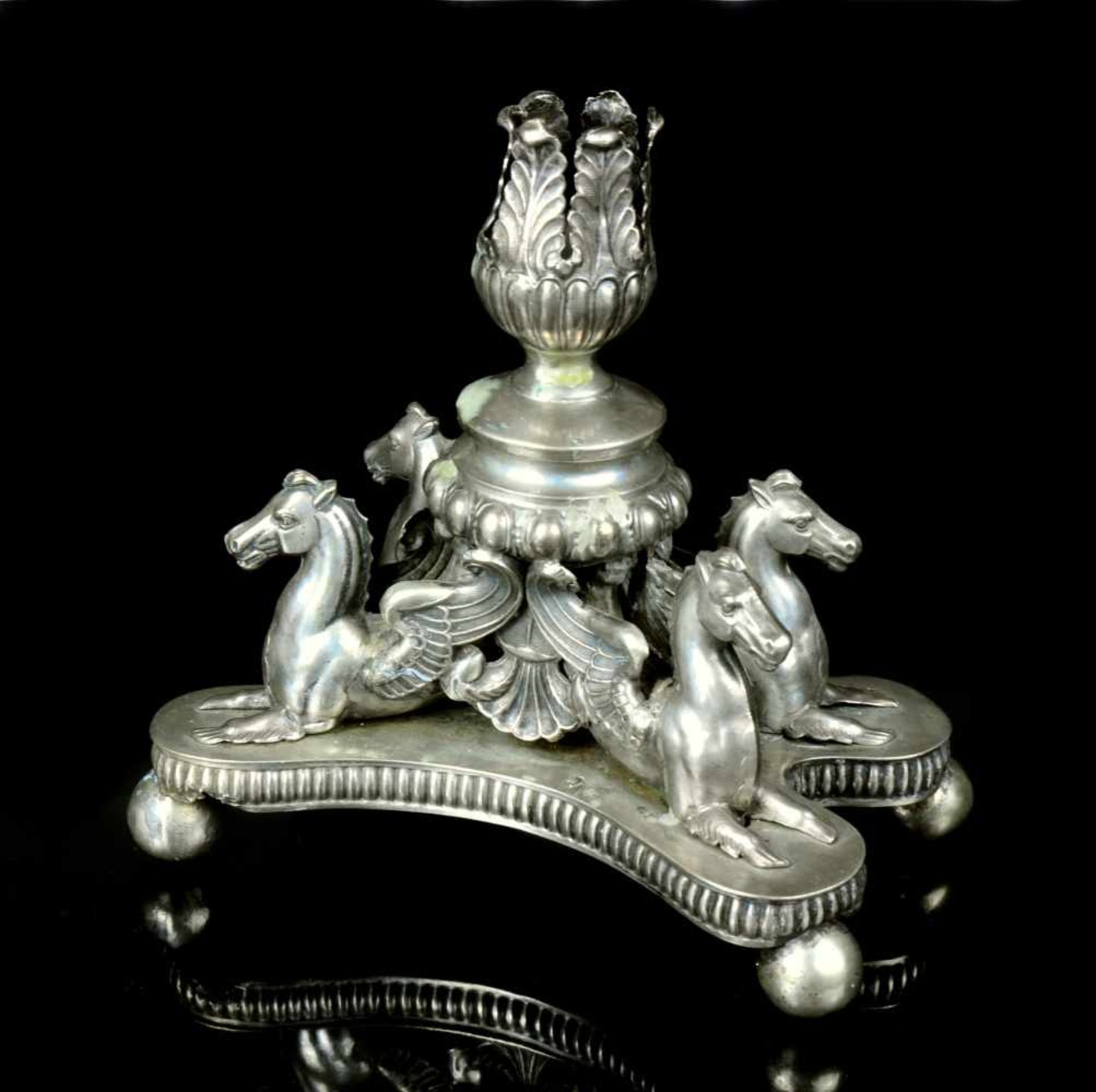 GERMAN SILVER CANDLESTICK WITH HORSES. 19TH CENTURY, GERMANYOrigin: Germany, 19th century.