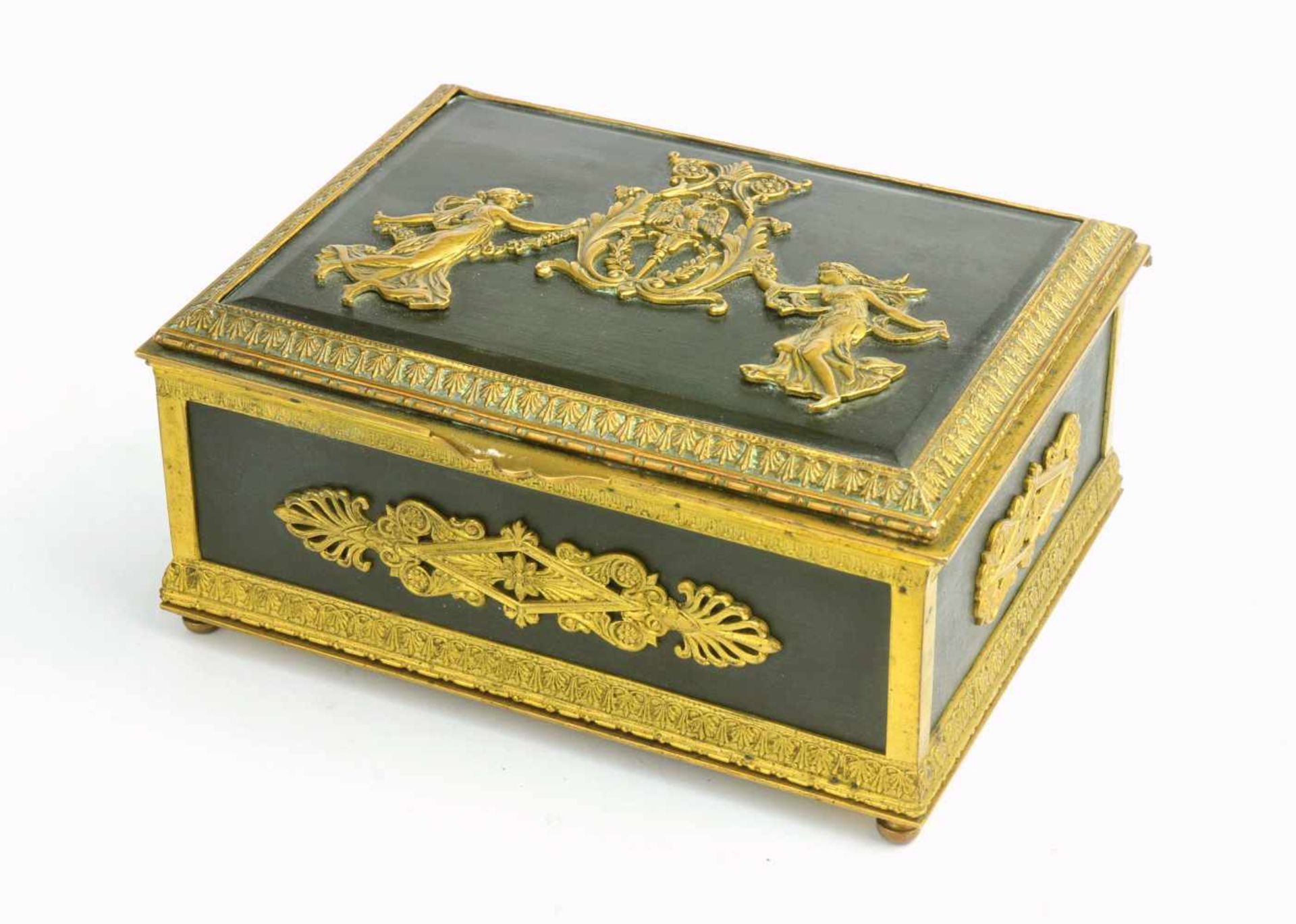 AN EMPIRE STYLE GILT AND PATINATED BRONZE JEWELRY BOX, LATE 19TH CENTURY.Origin: France.