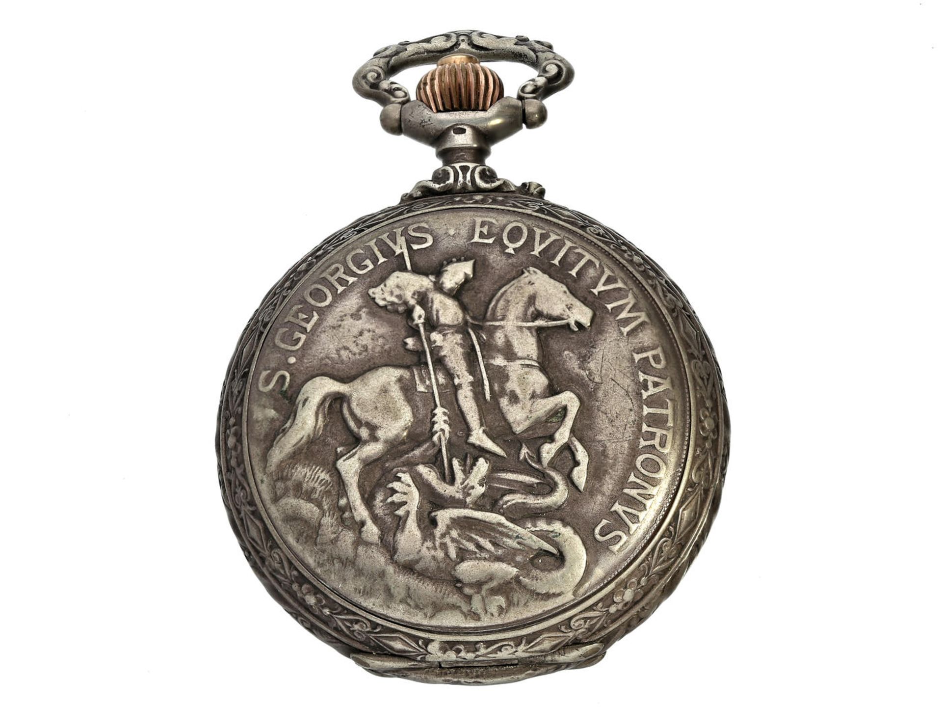 Taschenuhr: dekorative und seltene Silbersavonnette mit Reliefgehäuse "St. Georg" Schutzpatron sowie - Bild 4 aus 4