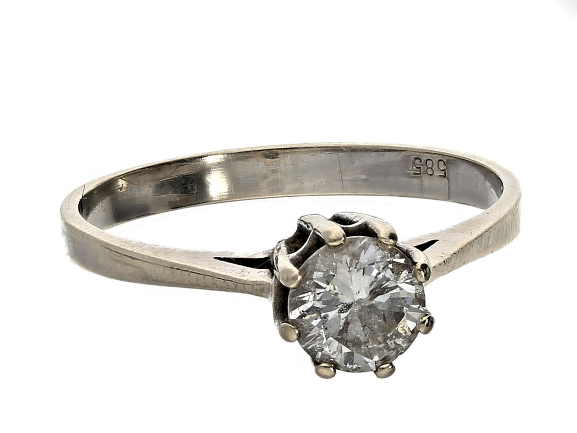 Ring: Solitär-Brillantring, ca. 0,6ct Ca. Ø17,5mm, RG55, ca. 2,2g, 14K Weißgold, besetzt mit einem