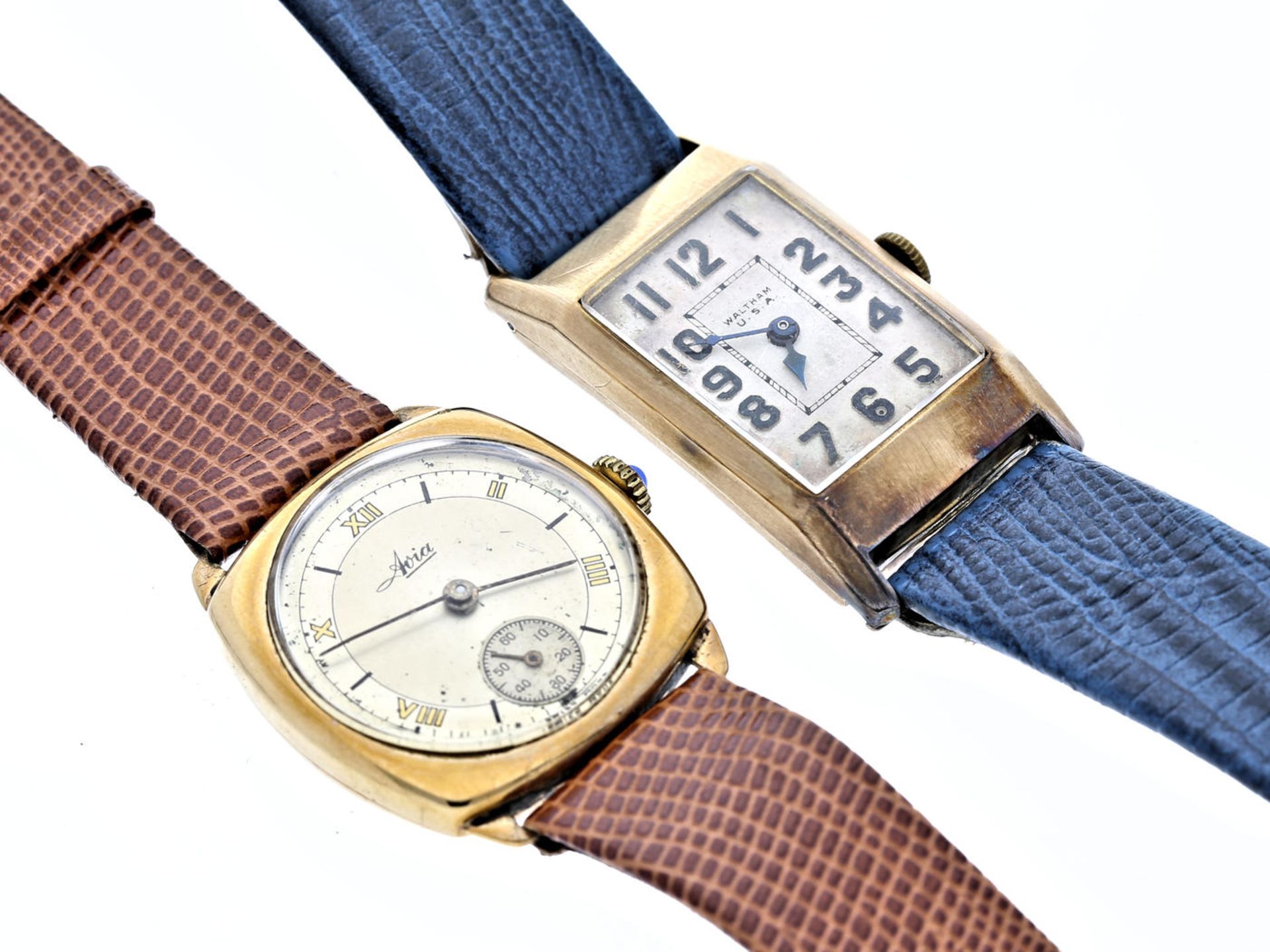 Armbanduhr: Konvolut von 2 vintage Herrenuhren, 40er Jahre 1. ca. 27 × 27mm, Kissengehäuse, 9K Gold,