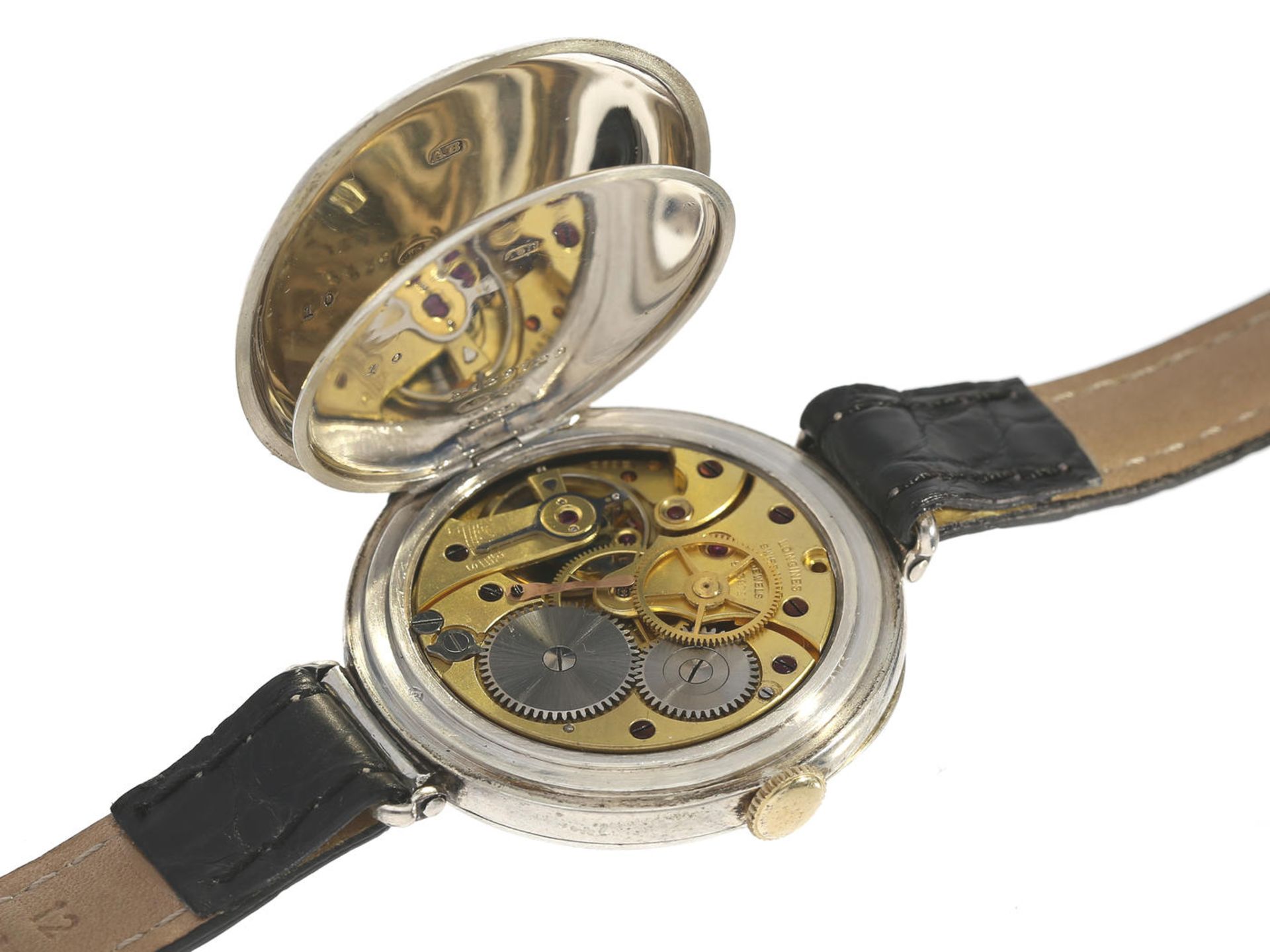 Armbanduhr: frühe und sehr seltene Longines Armbanduhr mit Emaillezifferblatt und Zentralsekunde, - Bild 2 aus 2