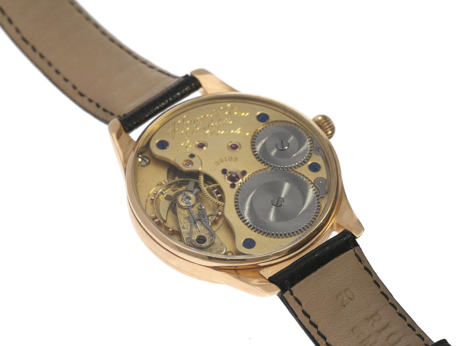 Armbanduhr: hochwertige Herrenuhr mit einem A. Lange & Söhne Taschenuhrwerk von 1926, 14K Roségold - Bild 2 aus 2