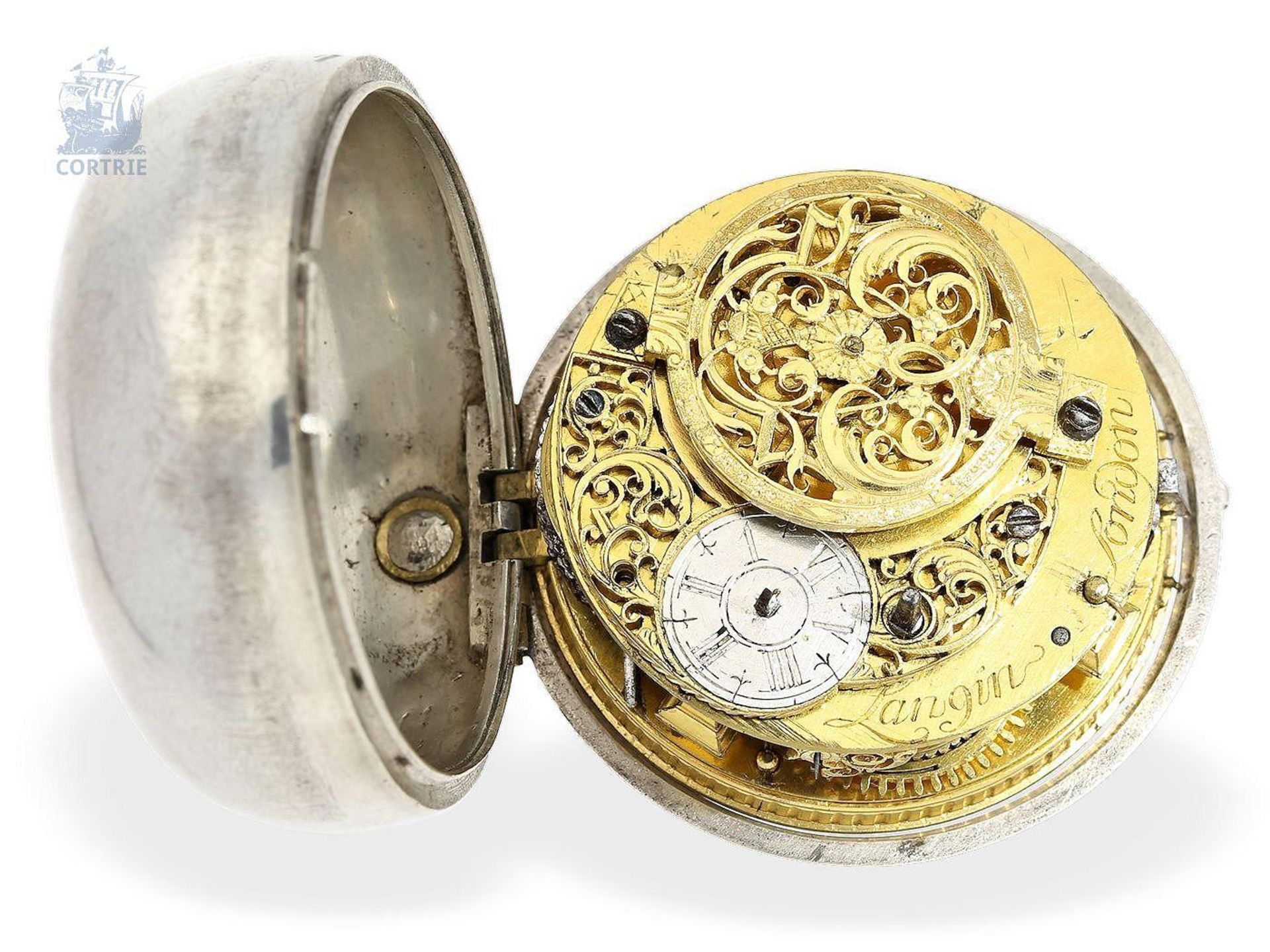 Taschenuhr: englische Doppelgehäuse-Spindeluhr mit Datum, signiert Langin London, ca.1740 Ca. Ø58mm, - Bild 5 aus 5