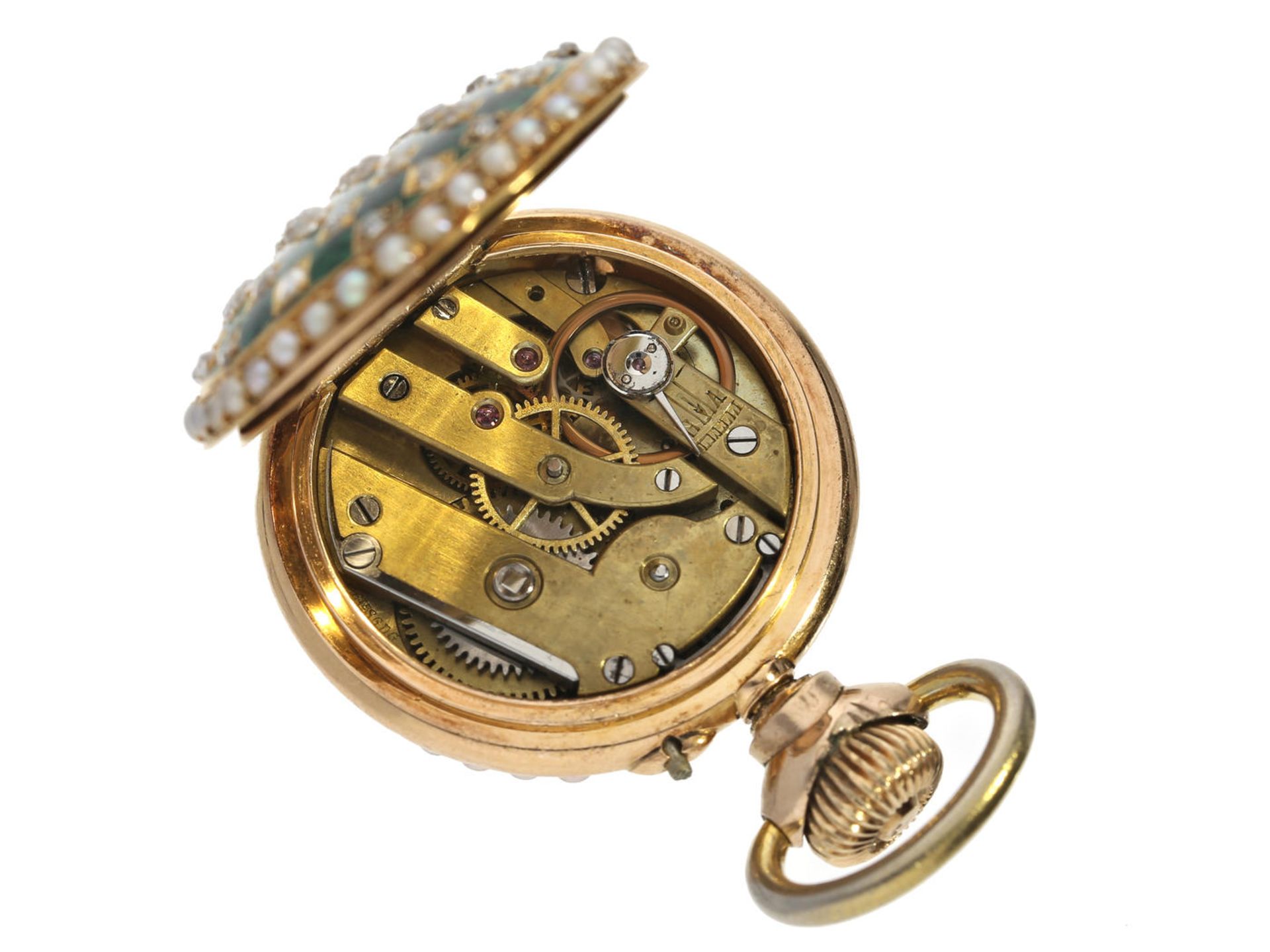 Taschenuhr/Anhängeuhr/Broschenuhr: hochfeine Art Nouveau Emaille-Uhr mit Perlen-und Diamantbesatz, - Bild 2 aus 3