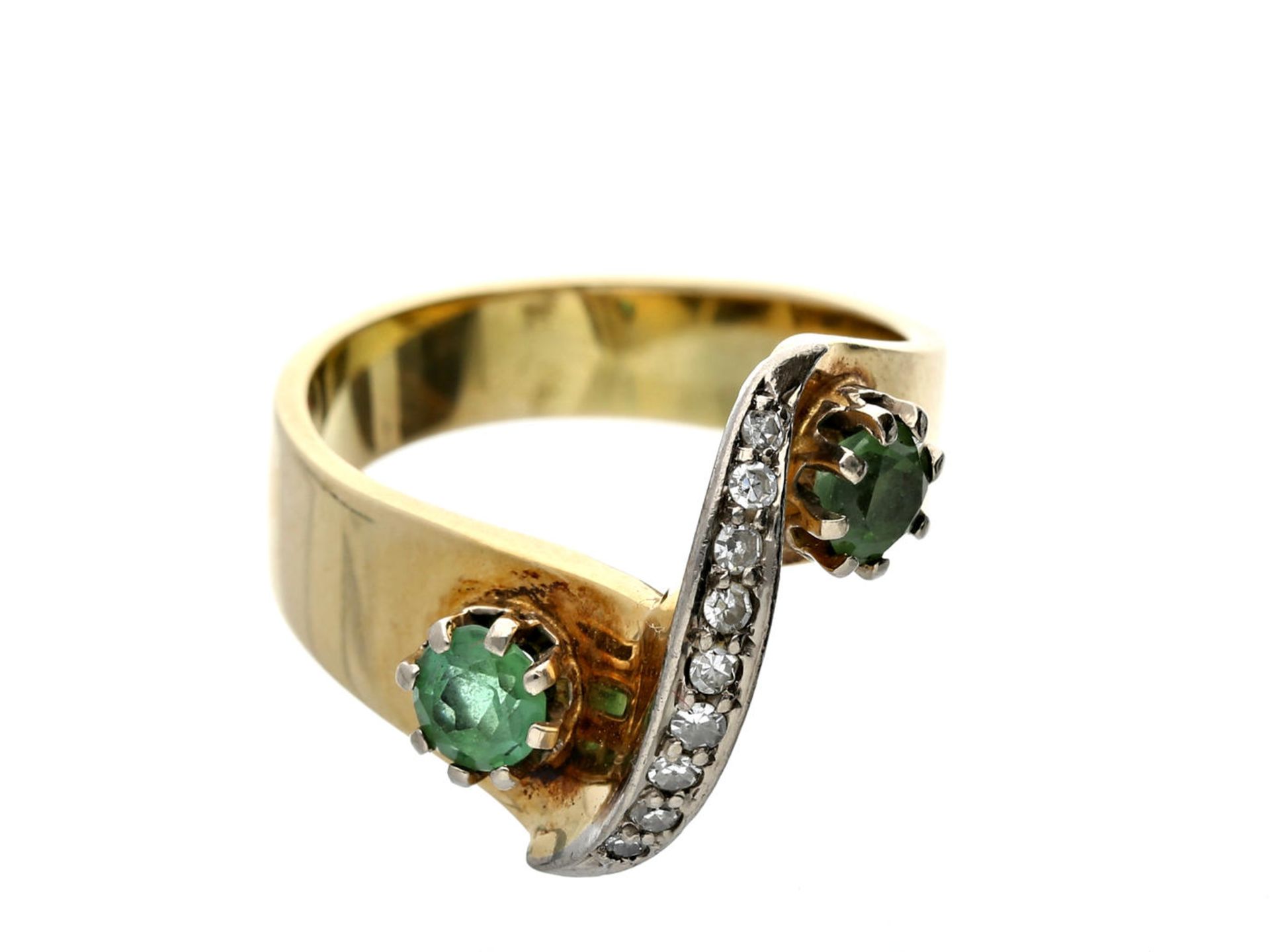 Ring: Turmalin/Diamantring, vintage, ganz ausgefallene Goldschmiedearbeit Ca. Ø18mm, RG56, ca. 9g,