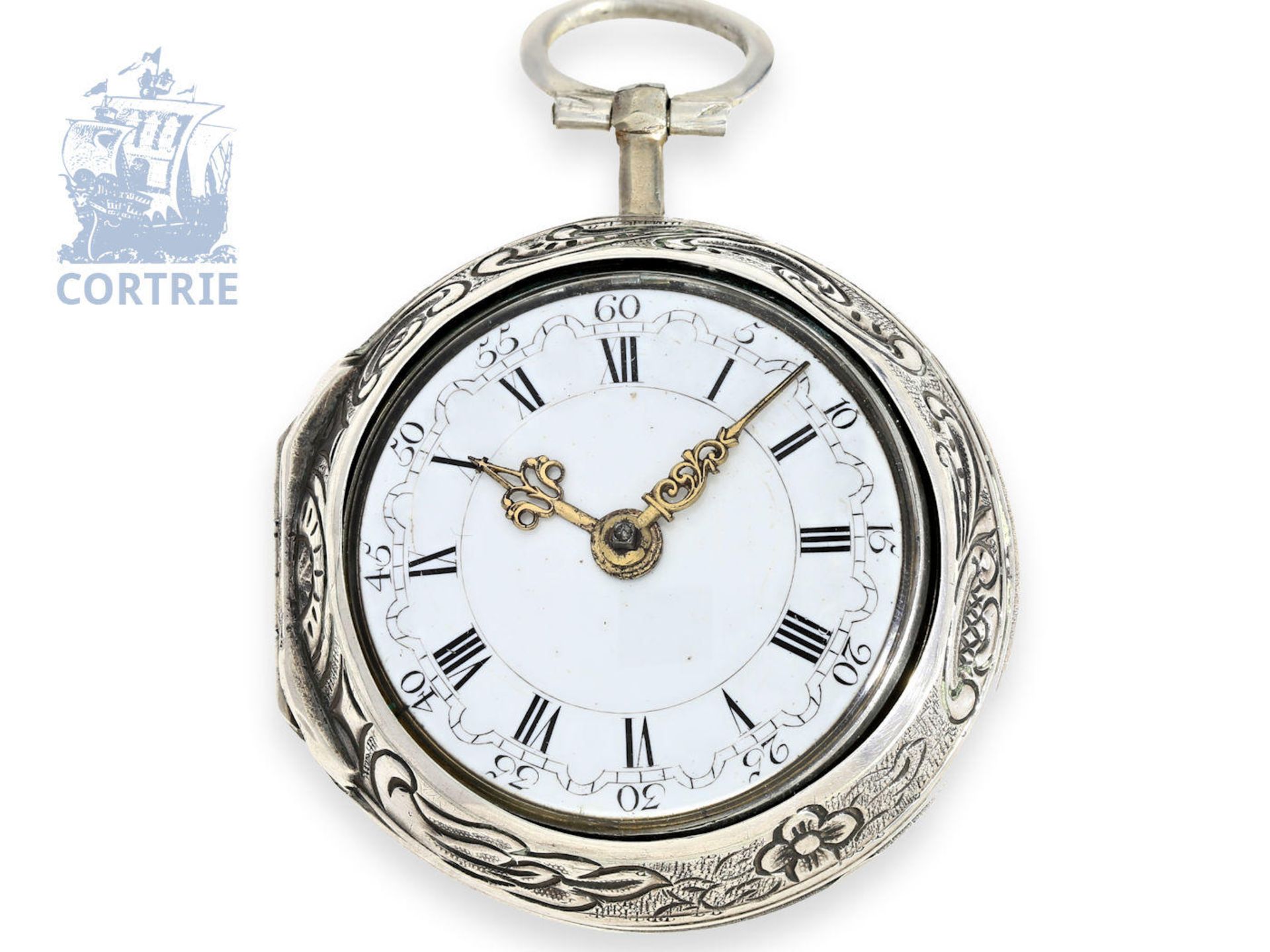 Taschenuhr: frühe Repoussé Doppelgehäuse-Spindeluhr, Londoner Hallmarks 1766, signiert Hallifax - Bild 3 aus 5