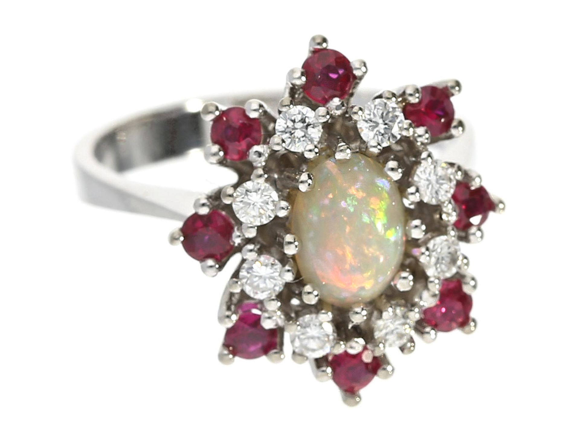 Ring: außergewöhnlicher, hochwertiger vintage Goldschmiedering mit Opal, Rubinen und Brillanten