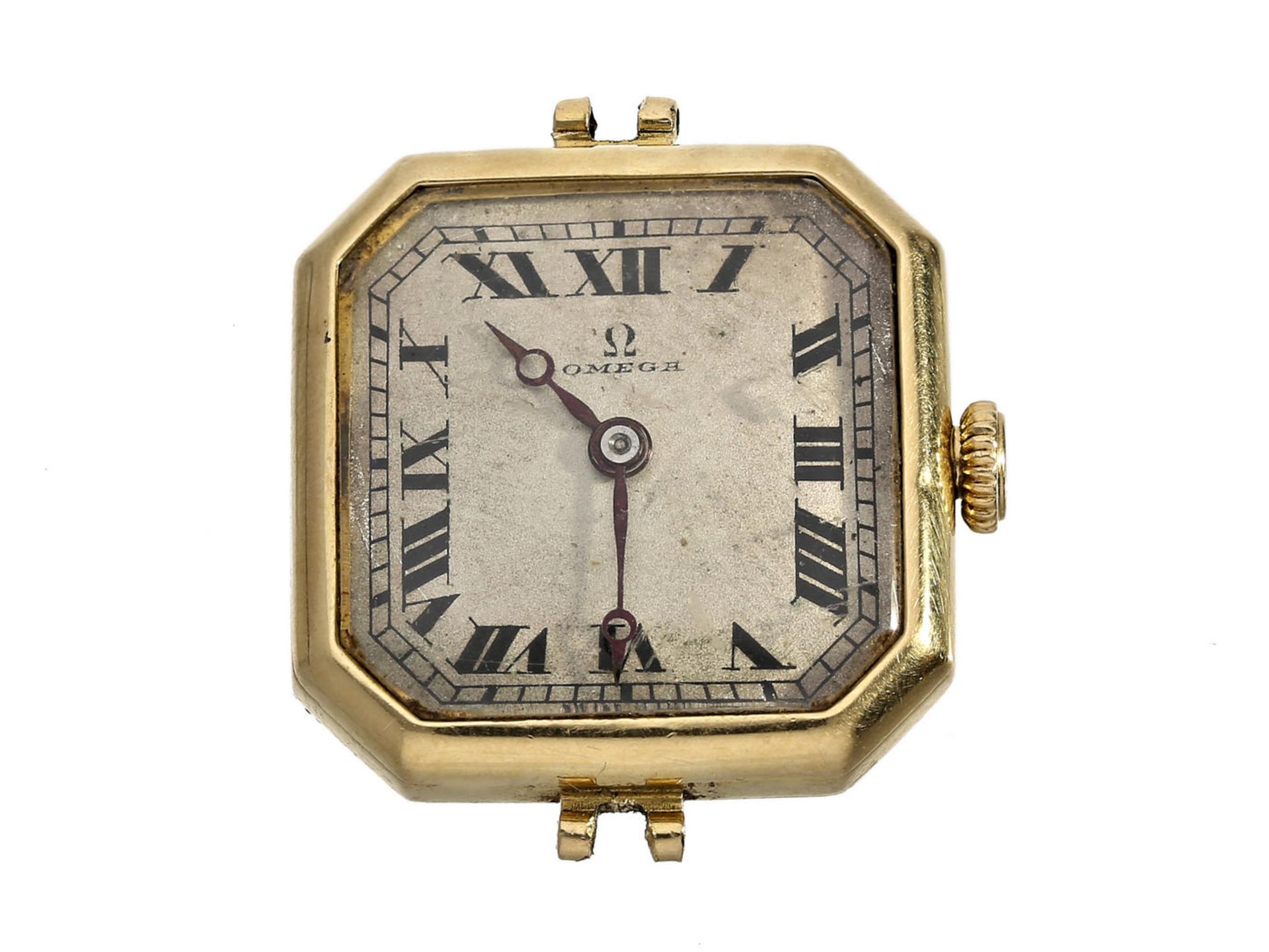 Armbanduhr: Art déco Armbanduhr von Omega, ca. 1930 Ca. 22,5 × 22,5mm, 18K Gold, seltenes