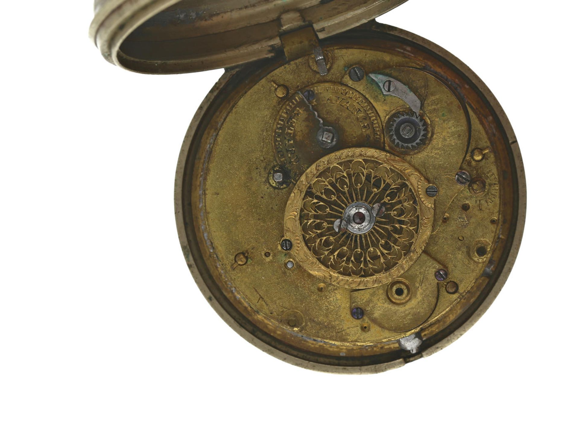 Taschenuhr: französische Spindeluhr mit dekorativer Emaillemalerei, Revolutionsmotiv Ca. Ø58mm, - Bild 2 aus 2