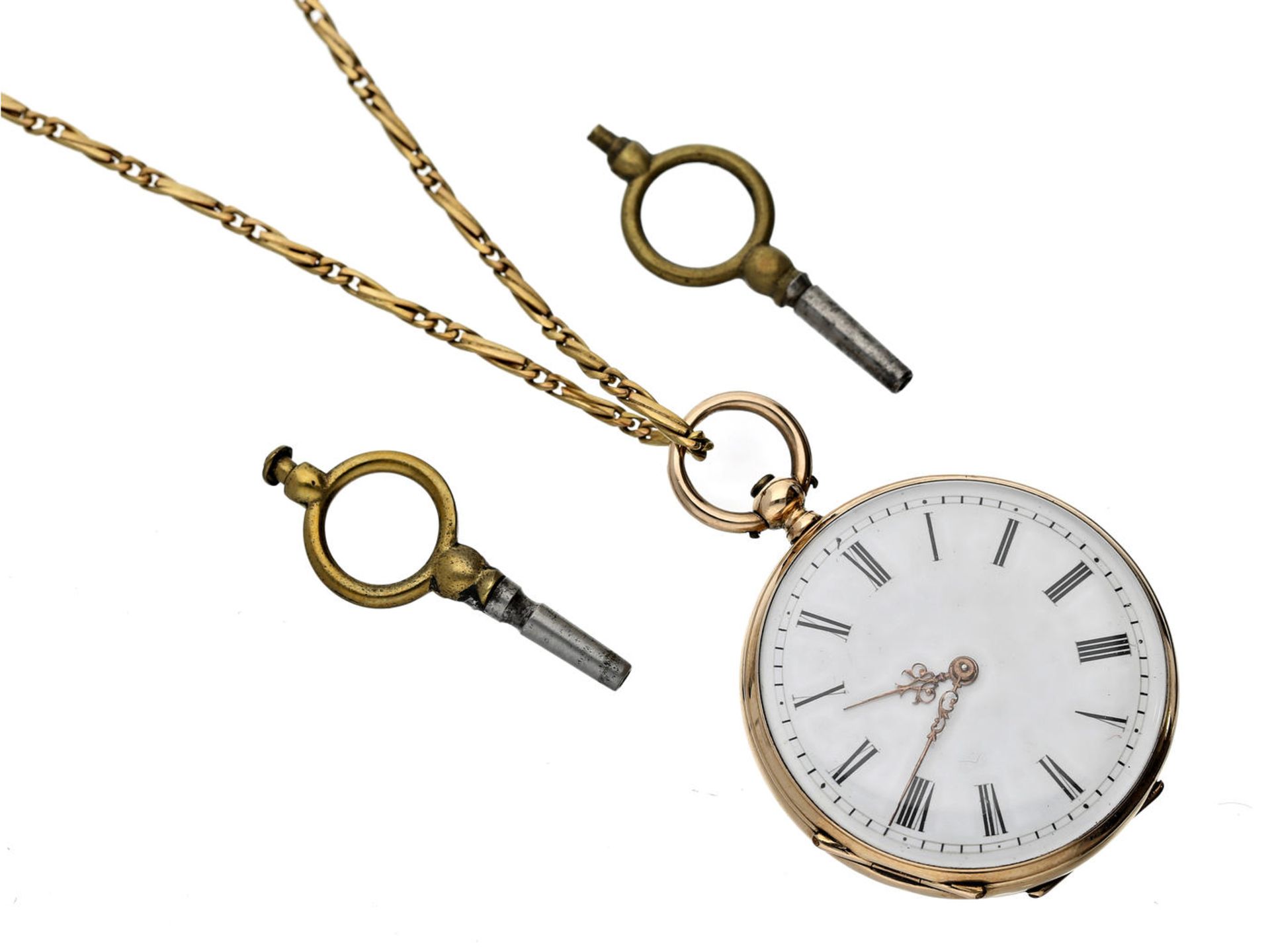 Taschenuhr/Anhängeuhr: feine Damenuhr mit dazugehöriger goldener Uhrenkette, signiert J & C.B