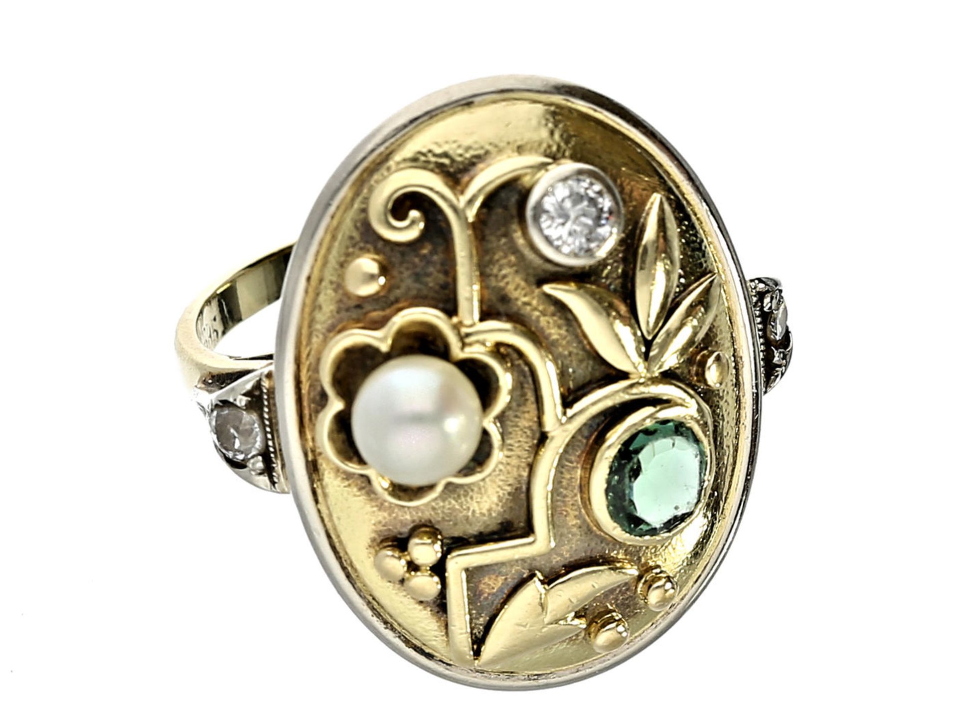 Ring: ausgesprochen schöner vintage Goldschmiedering mit Turmalin/Perle/Diamant Ca. Ø17,5mm, RG55,