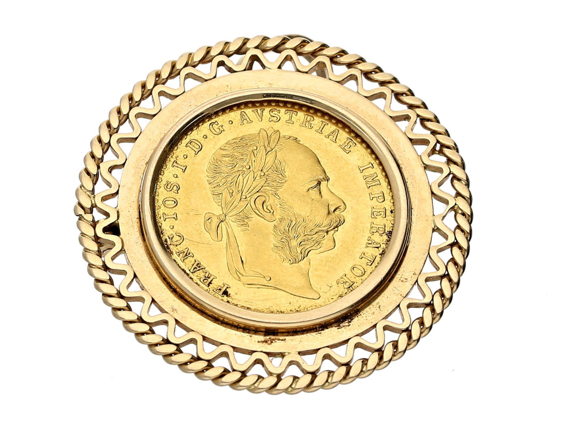 Brosche/Münze: Österreich, Kaiserreich, Franz Joseph I., Dukat 1915, 18K Goldfassung Ca. Ø30mm,