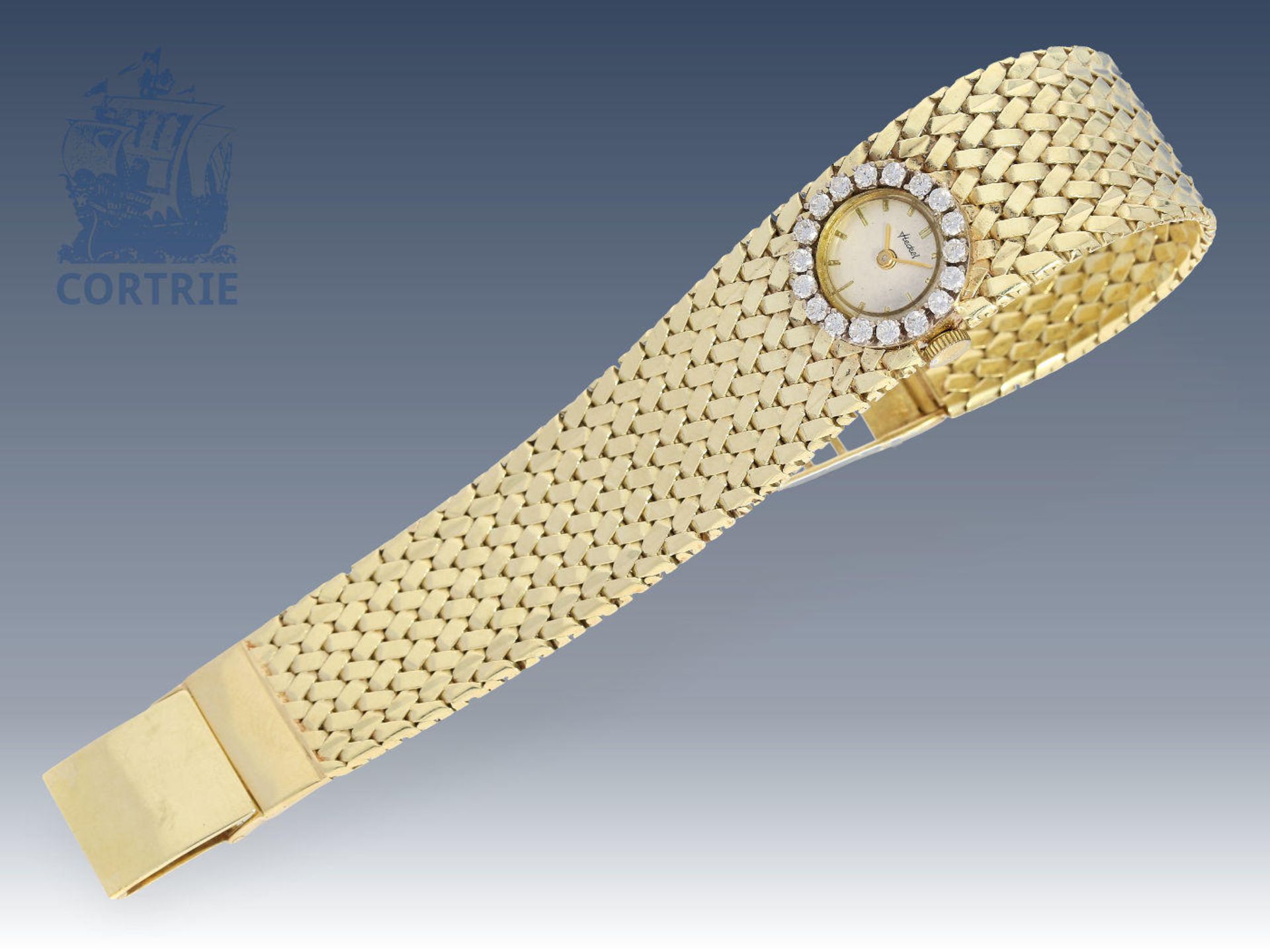 Armbanduhr: schwere, goldene vintage Damenuhr der Marke Heckel Ca. 17,5cm lang, ca. 19mm breit,