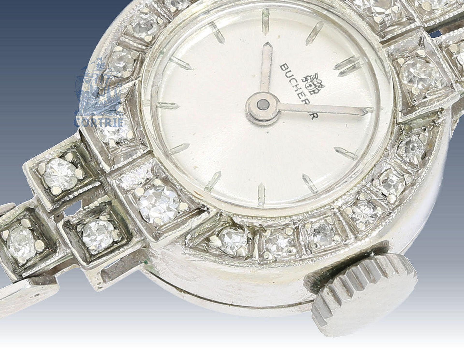 Armbanduhr: vintage Damenuhr mit Diamantbesatz, Cocktailuhr von Bucherer, ca. 1950 Ca. Ø16mm, ca. - Bild 2 aus 3