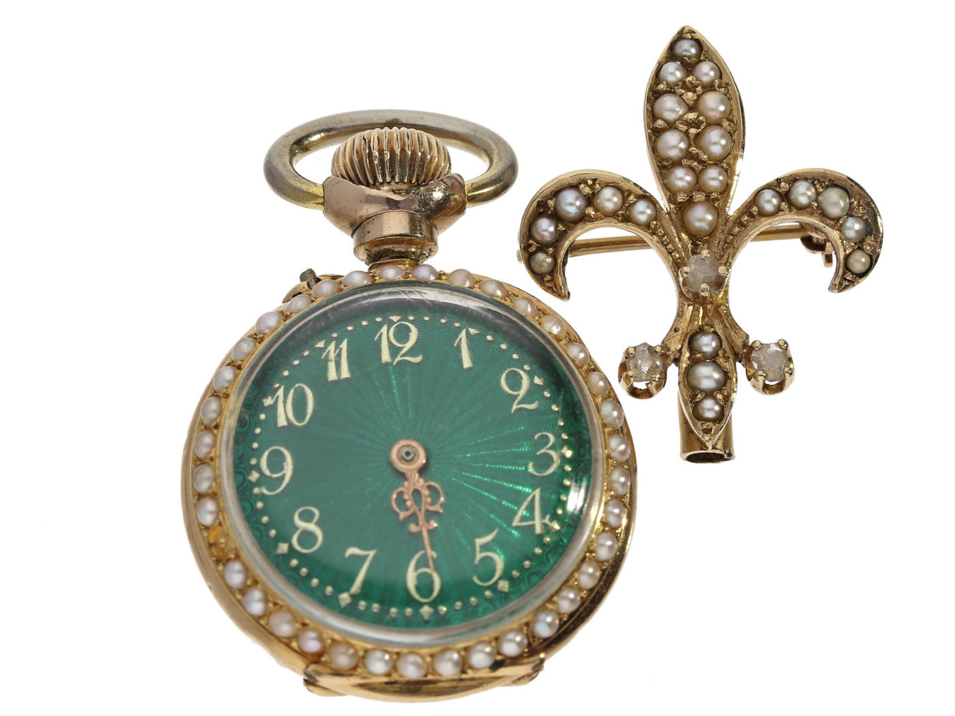 Taschenuhr/Anhängeuhr/Broschenuhr: hochfeine Art Nouveau Emaille-Uhr mit Perlen-und Diamantbesatz,