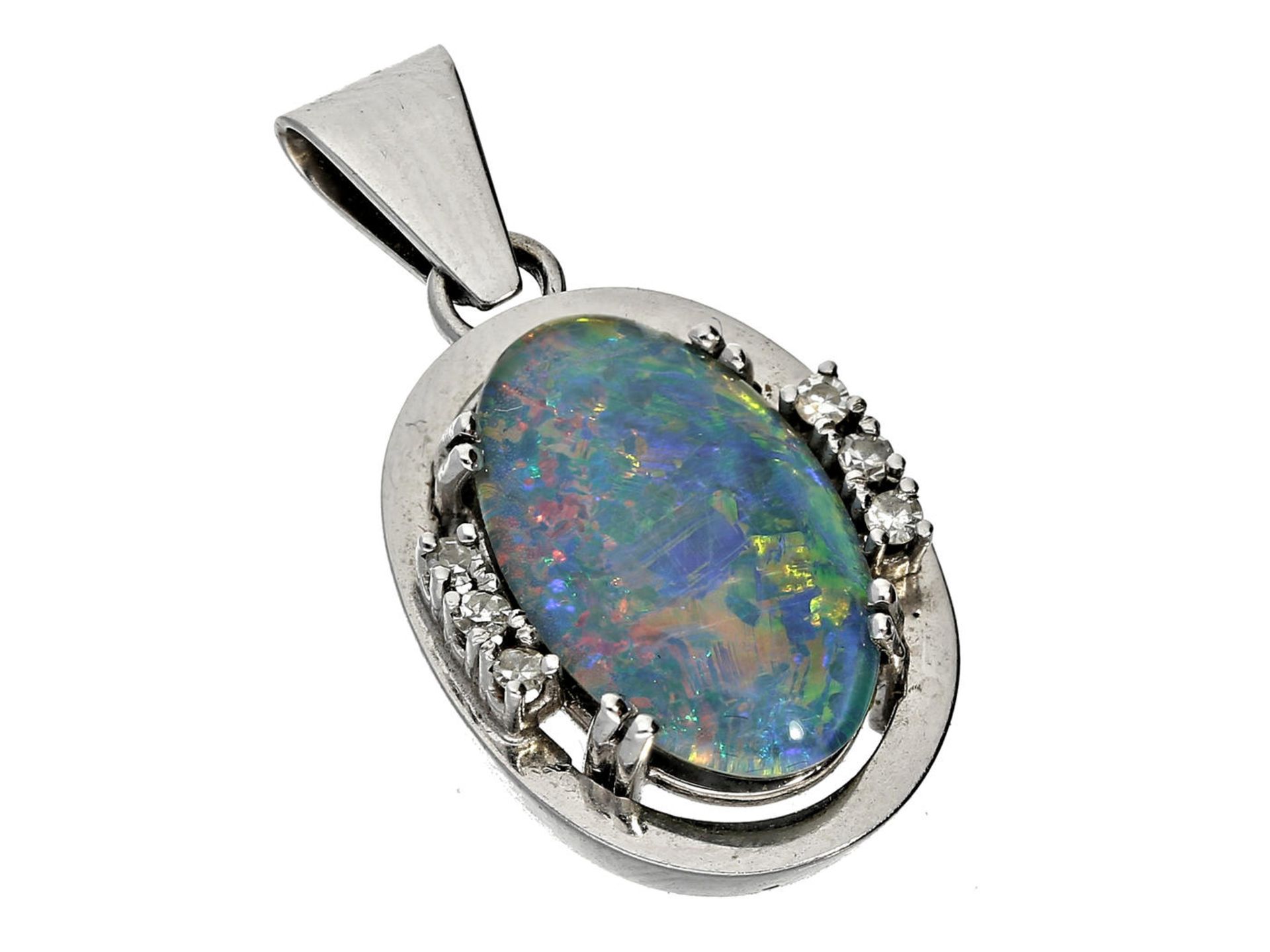 Anhänger: dekorativer vintage Anhänger mit Opal und Diamanten Ca. 29 × 15mm, ca. 4,6g, 14K Weißgold,