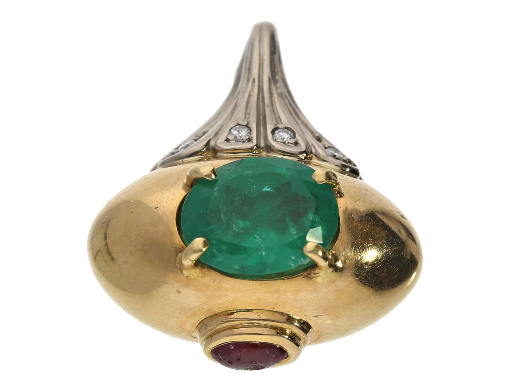 Anhänger: außergewöhnlicher Smaragd-Anhänger, ca. 1,5ct, 18K Gold Ca. 25mm lang, ca. 7g, 18K