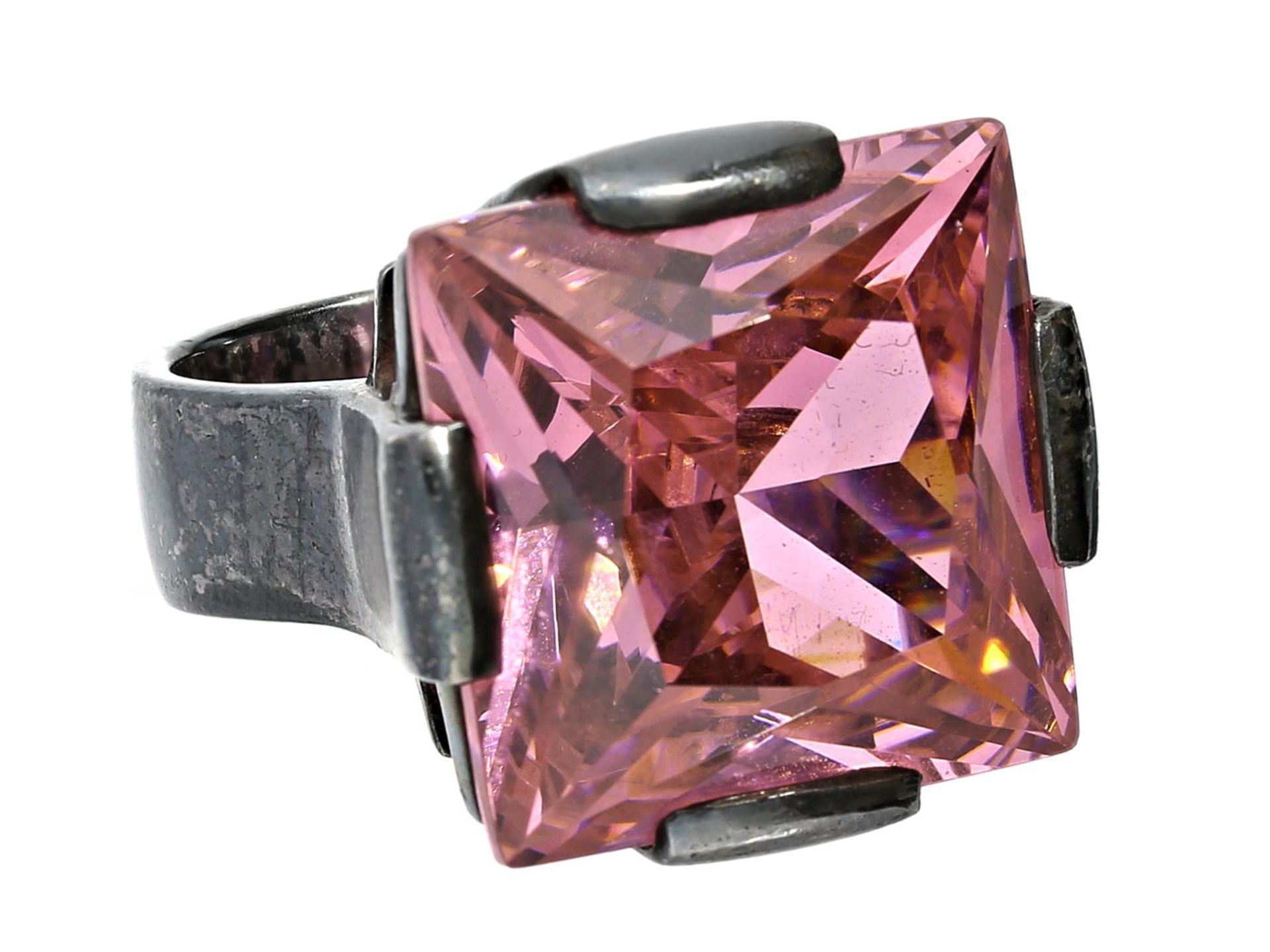 Ring: massiver Sterling-Silberring mit großem pinken Farbstein Ca. Ø18mm, RG56, ca. 28,7g, - Bild 2 aus 2