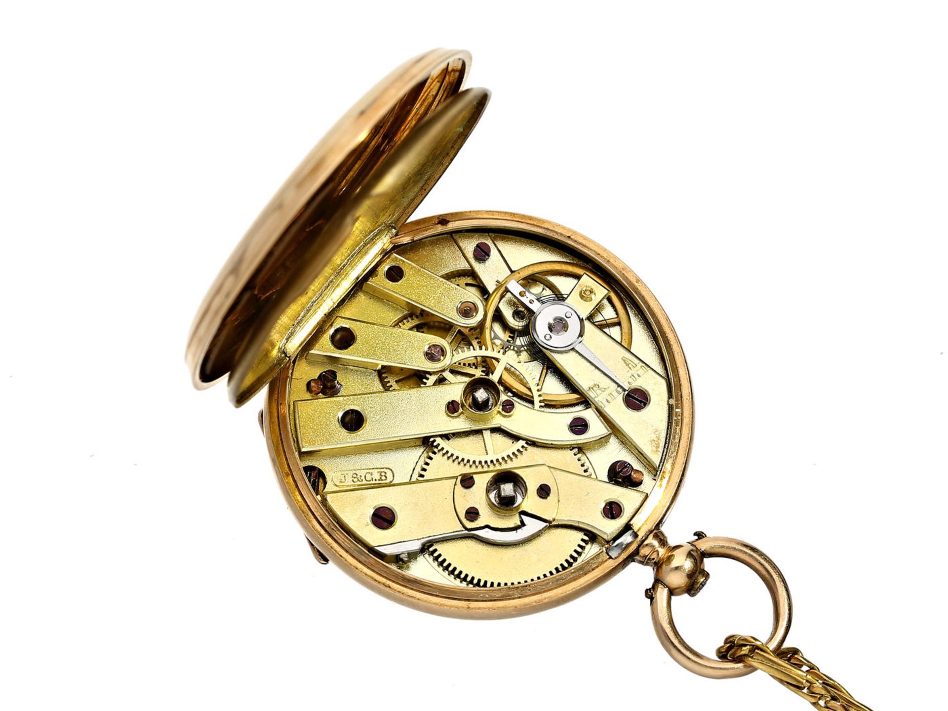 Taschenuhr/Anhängeuhr: feine Damenuhr mit dazugehöriger goldener Uhrenkette, signiert J & C.B - Bild 2 aus 3