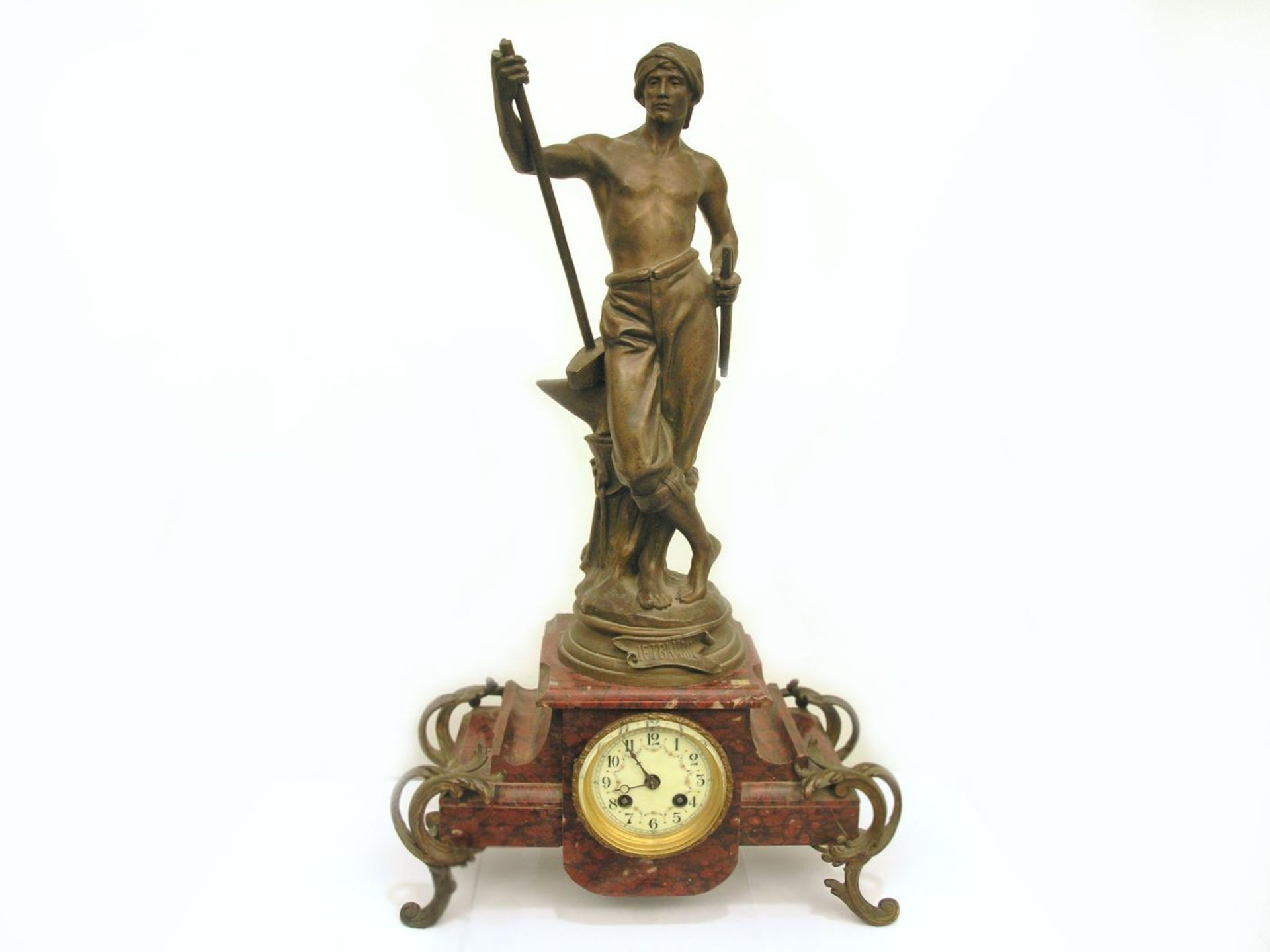 Tischuhr: seltene Jugendstil Bronze/Marmor-Pendule "Le Travail", Marti Paris um 1890 Ca.58cm hoch,