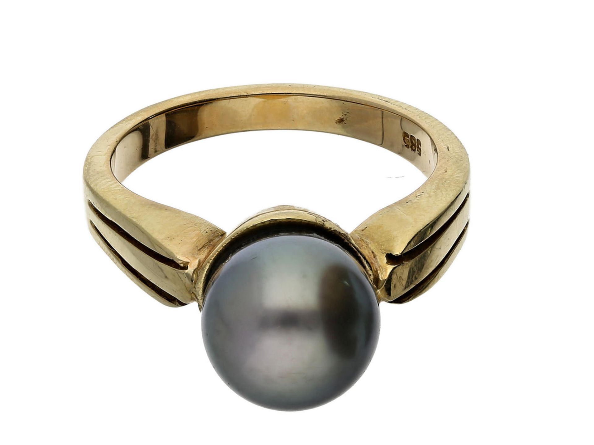 Ring: sehr massiver Goldschmiedering mit feiner Tahitiperle Ca. Ø18,5mm, RG58, ca. 7,2g, 14K Gold,