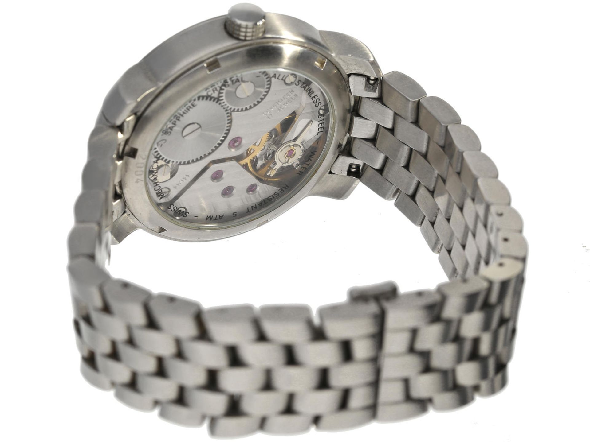 Armbanduhr: große Herrenuhr der Marke Marcello C. Modell "MECANIQUE", Handaufzug Ø43mm, Edelstahl, - Bild 2 aus 2