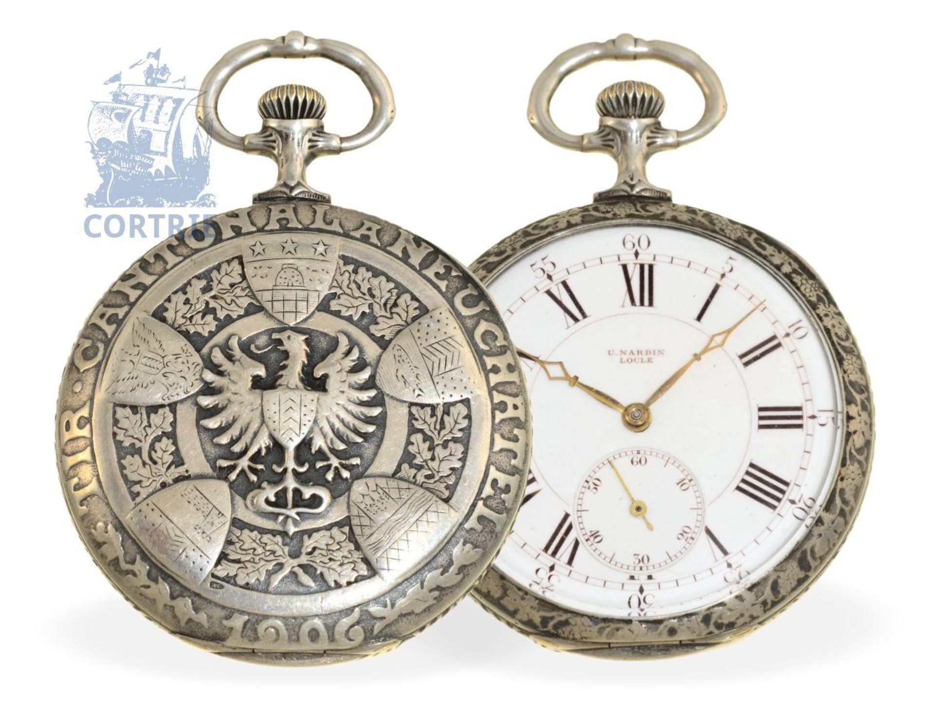 Taschenuhr: sehr seltene Art Nouveau Schützenuhr "Tir Cantonal a Neuchatel 1906", feines