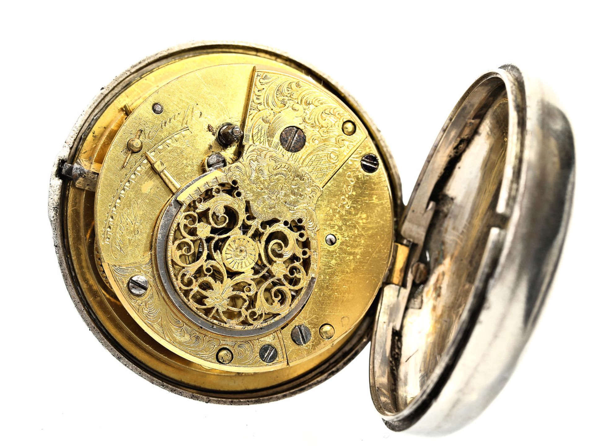 Taschenuhr: äußerst ungewöhnliche Doppelgehäuse-Spindeluhr, Birmingham 1827 Ca. Ø55mm, ca. 130g, - Bild 2 aus 2