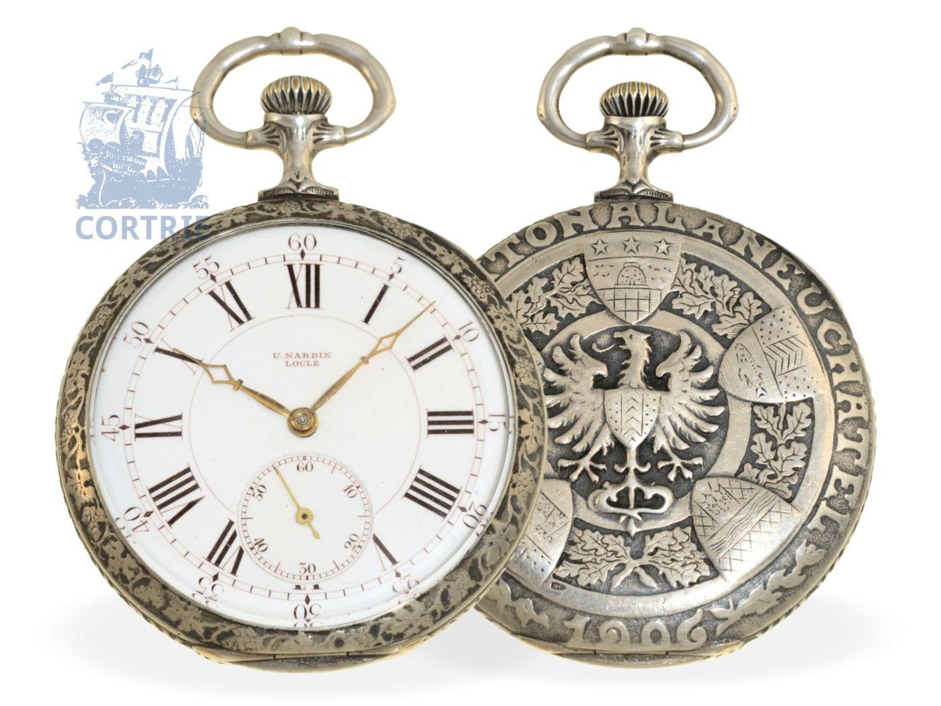 Taschenuhr: sehr seltene Art Nouveau Schützenuhr "Tir Cantonal a Neuchatel 1906", feines - Bild 3 aus 3