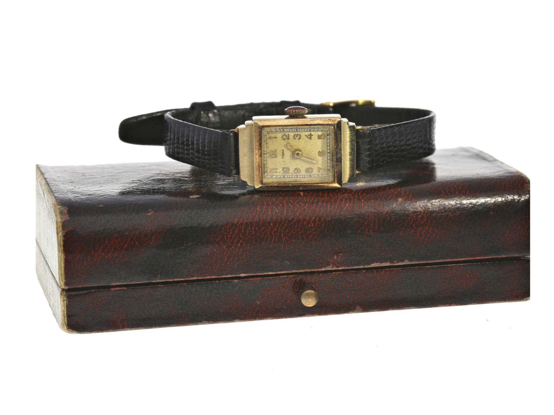 Armbanduhr: goldene vintage Damenuhr der Marke Para, ca.1950 Ca. 14 × 22mm, 14K Gold, Handaufzug,