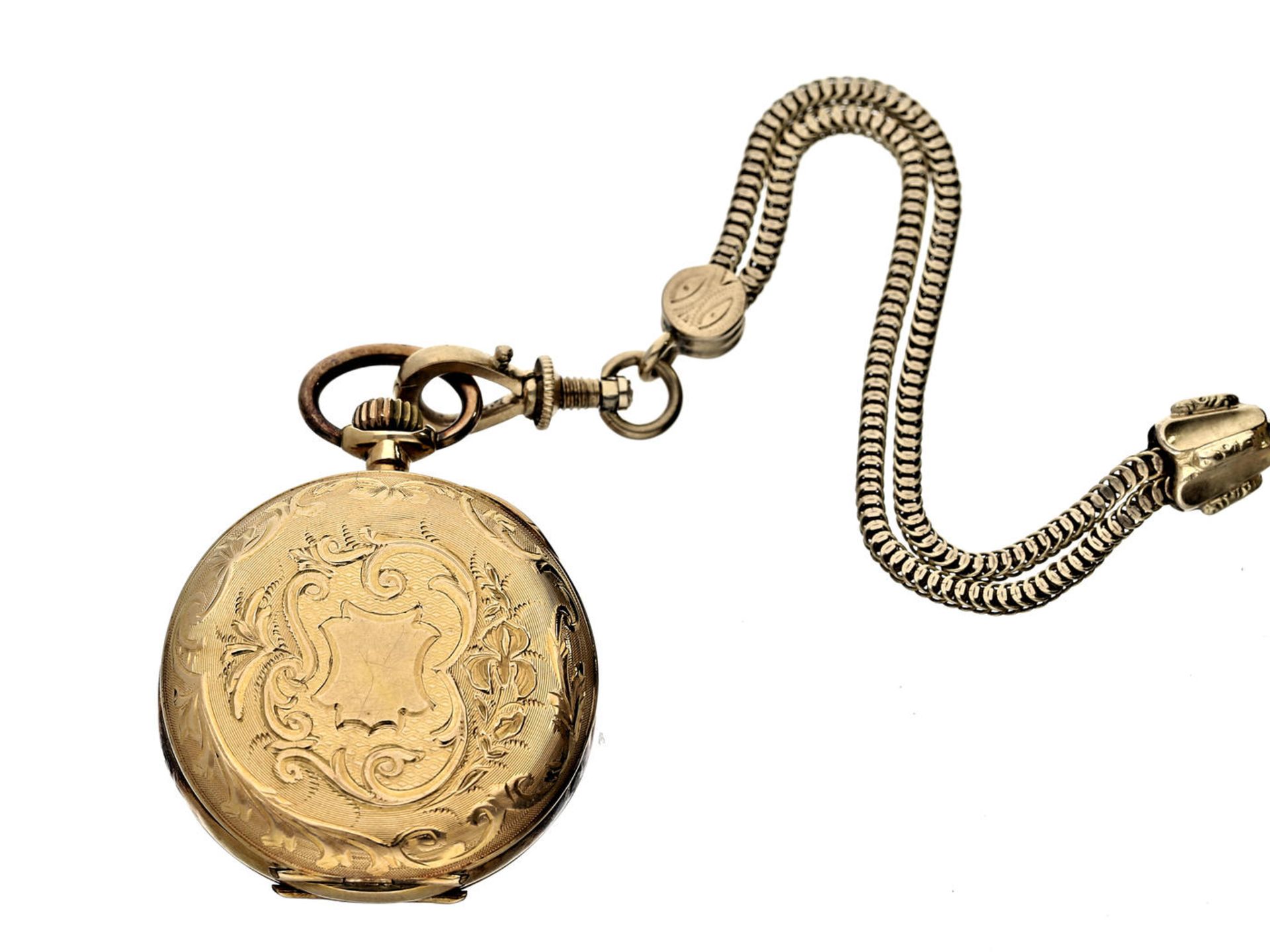 Taschenuhr/Anhängeuhr: Damenuhr um 1900, 14K Gold Ca. Ø28mm, ca. 18g, 14K Gold, Zylinderhemmung, - Bild 3 aus 3