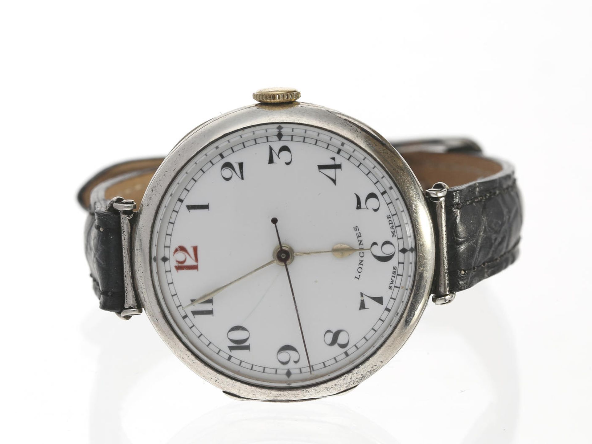 Armbanduhr: frühe und sehr seltene Longines Armbanduhr mit Emaillezifferblatt und Zentralsekunde,