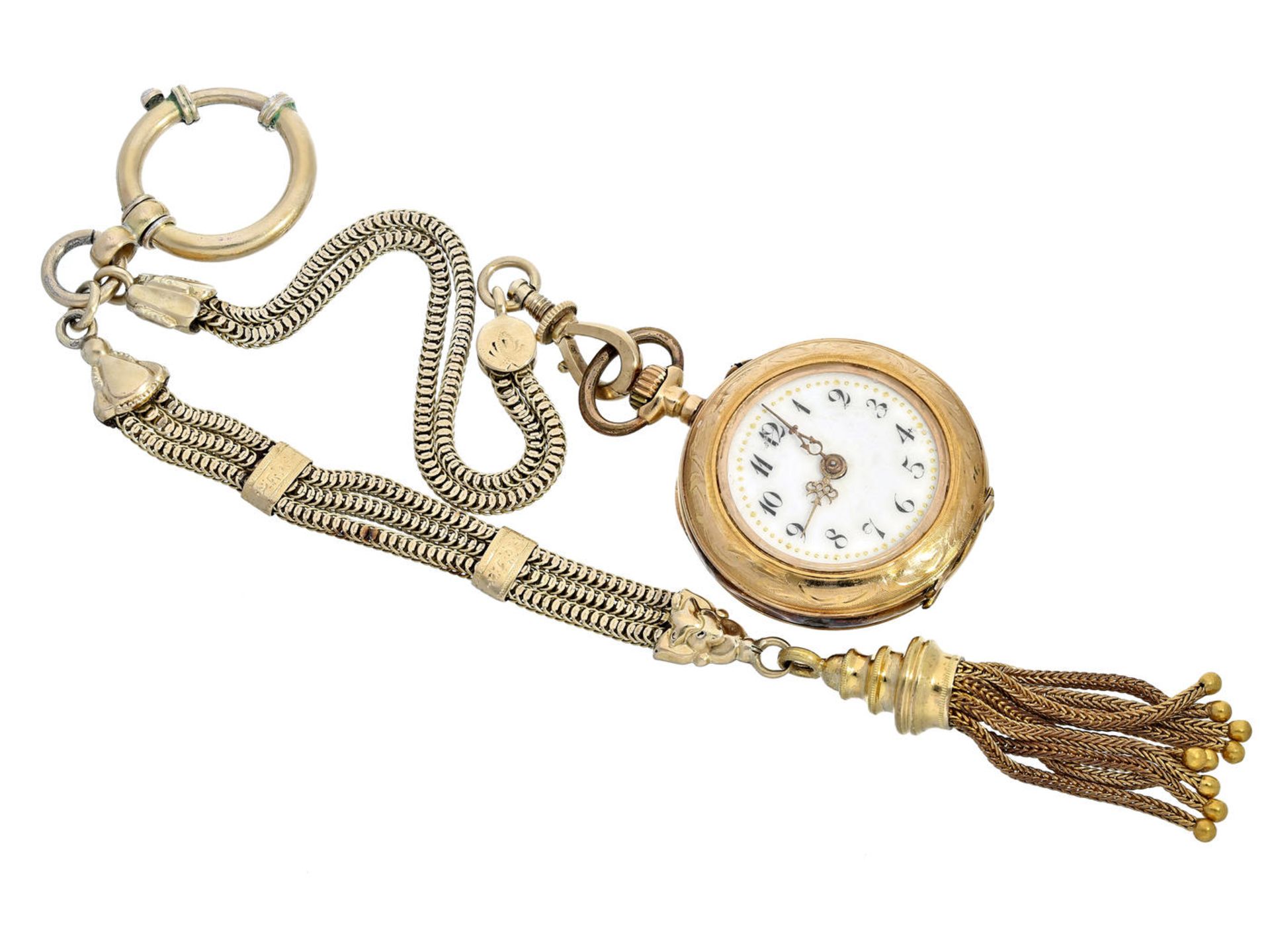 Taschenuhr/Anhängeuhr: Damenuhr um 1900, 14K Gold Ca. Ø28mm, ca. 18g, 14K Gold, Zylinderhemmung,