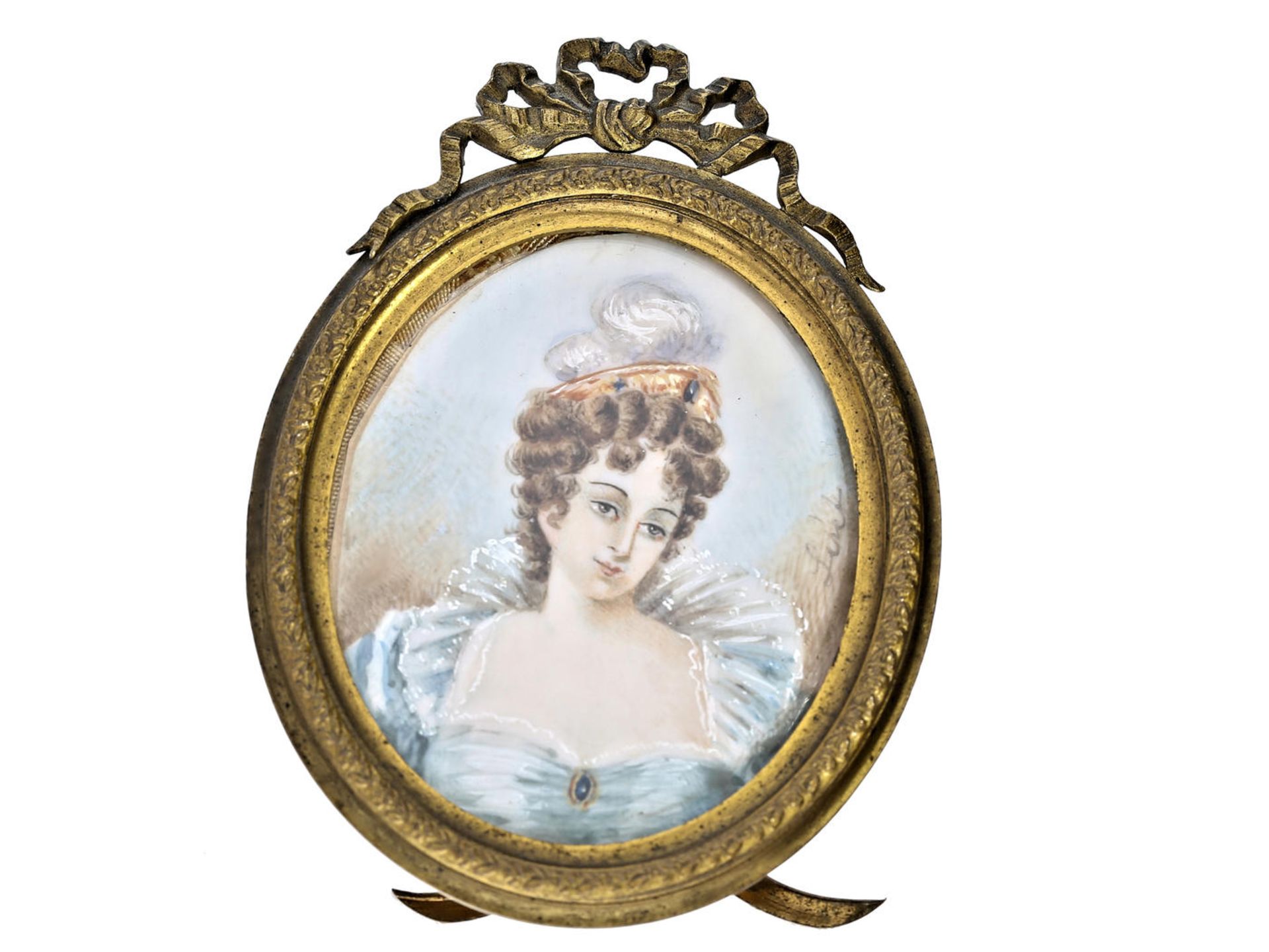 Miniatur mit Elfenbein-Malerei, Frankreich 19. Jahrhundert Ca. 75 × 55mm, Metallrahmen mit