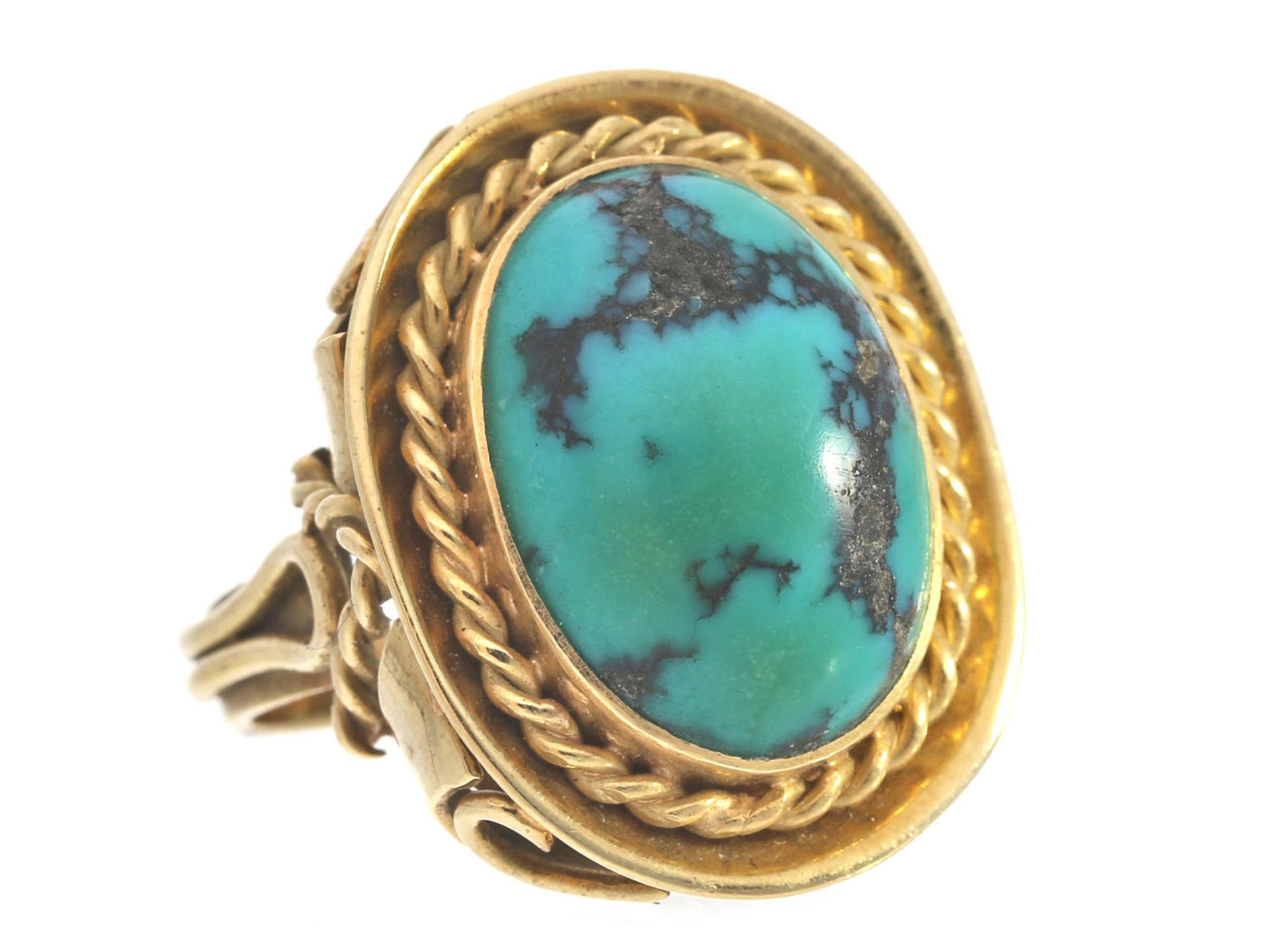 Ring: dekorativer Goldschmiedering, Türkis mit schöner Matrix, Handarbeit, 50er/60er-Jahre Ca. Ø16,