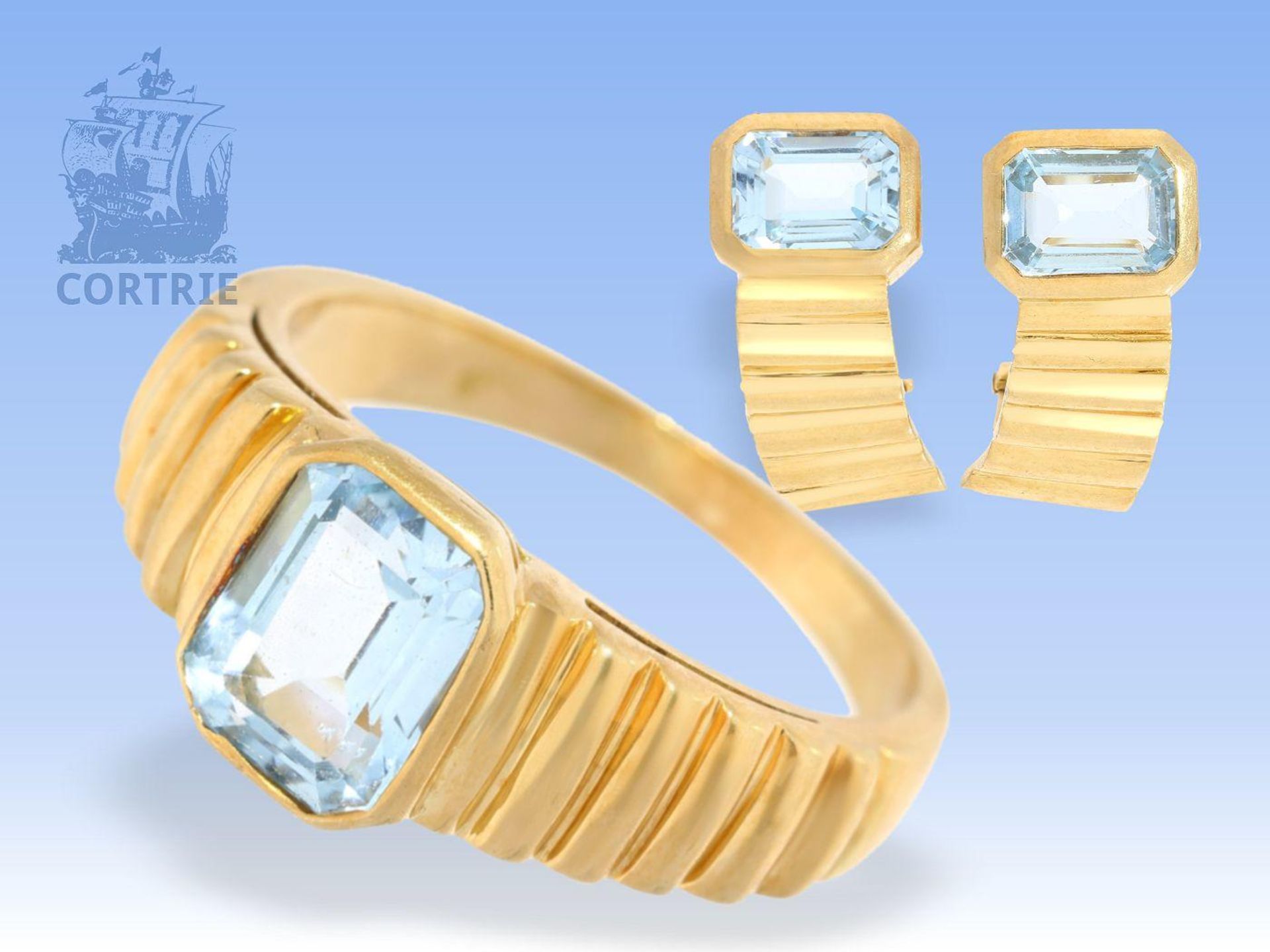 Ohrclips/Ring: klassisches, handgearbeitetes vintage Schmuckset mit blauen Farbsteinen 1. Ring ca.