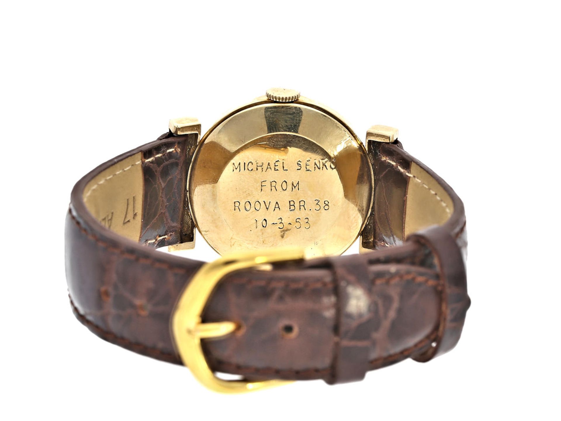 Armbanduhr: außergewöhnliche und seltene Longines Herrenuhr von 1953 Ca. Ø29mm, 14K Gold, - Bild 2 aus 2