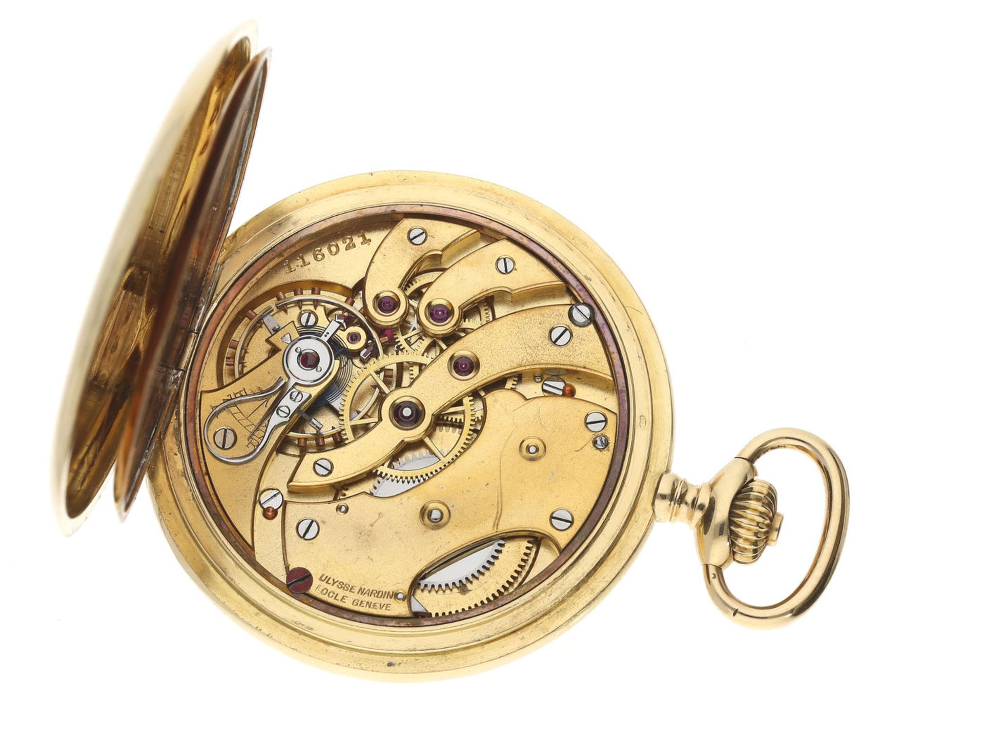 Taschenuhr: hochwertige Ulysse Nardin Goldsavonnette, um 1915 Ca. Ø52mm, ca. 91g, 18K Gold, - Image 2 of 3