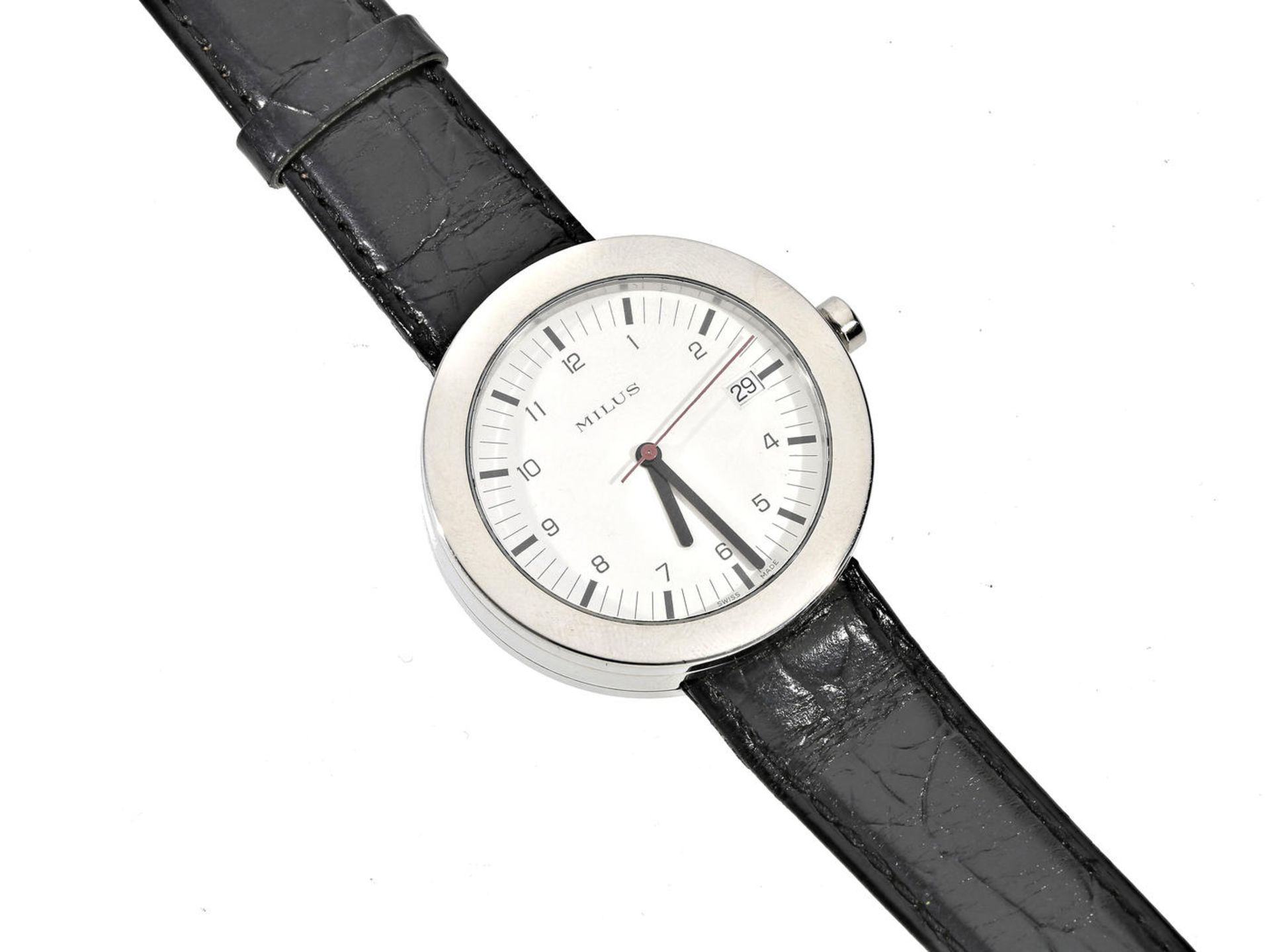 Armbanduhr: gefragte automatische Designeruhr aus Edelstahl, Milus Ref. 956.888, Design Paul Junod