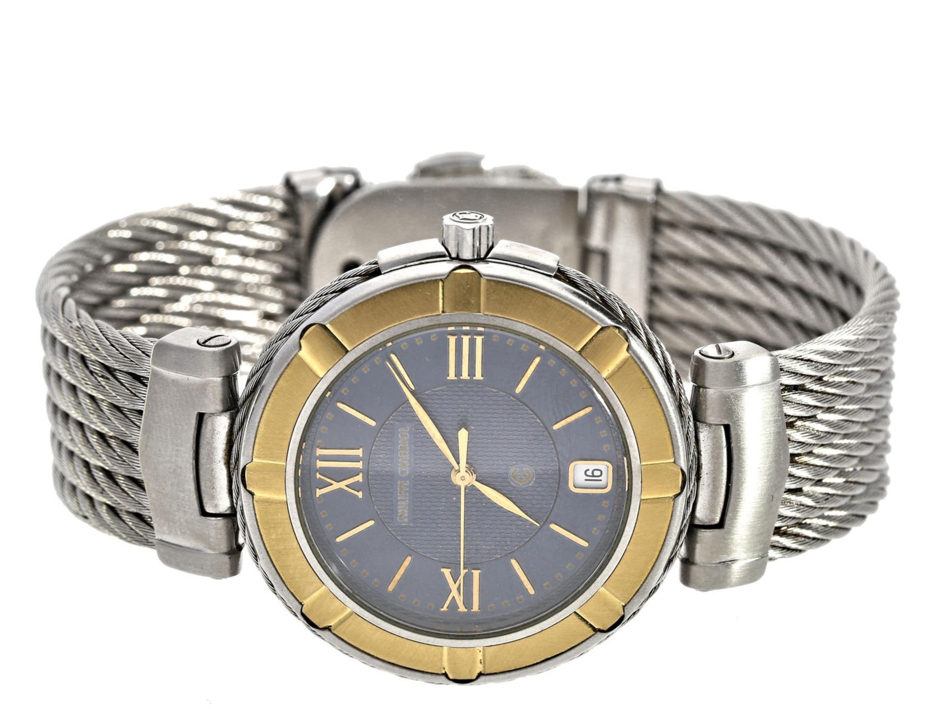 Armbanduhr: große vintage Designeruhr von Philippe Charriol, Stahl/Gold Ca. Ø38mm, Edelstahl,