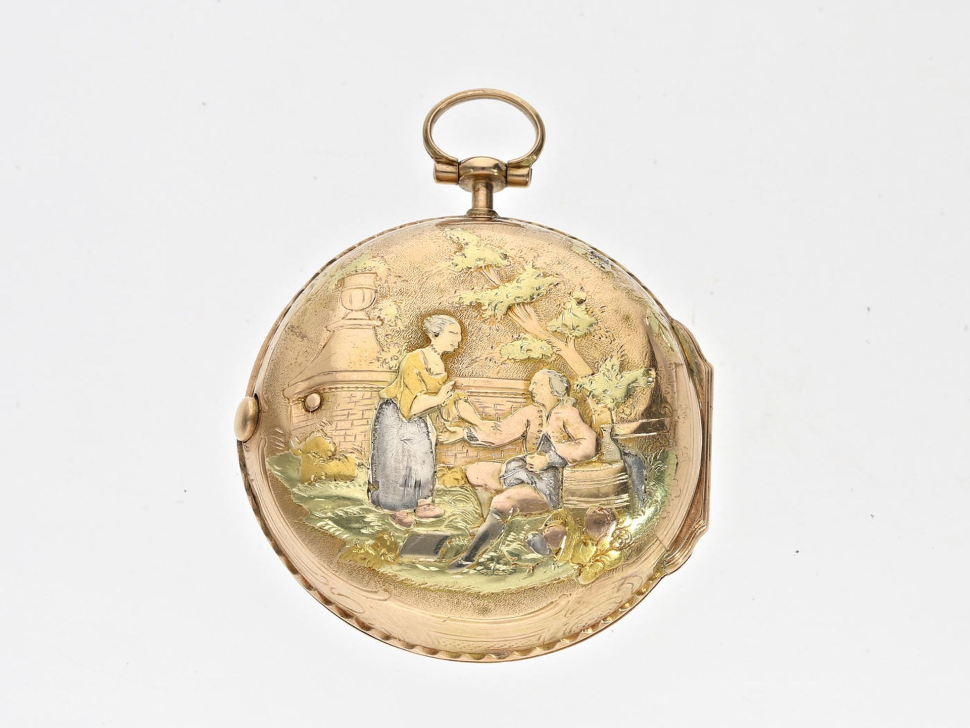 Taschenuhr: äußerst dekorative, sehr seltene 4-farbige Rokoko-Spindeluhr mit Figuren-Relief,