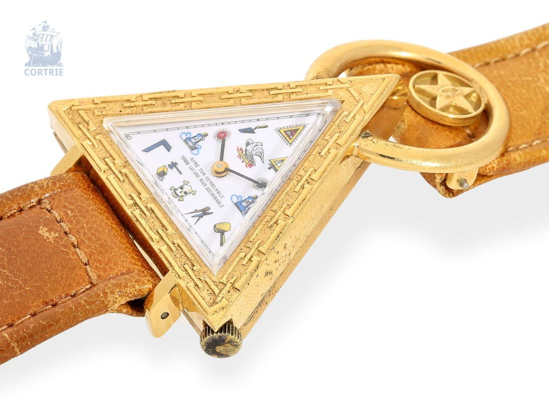 Armbanduhr: seltene vintage Freimaurer-Armbanduhr, Schweiz um 1965 Ca. 40 × 47mm, goldplated, - Bild 2 aus 3