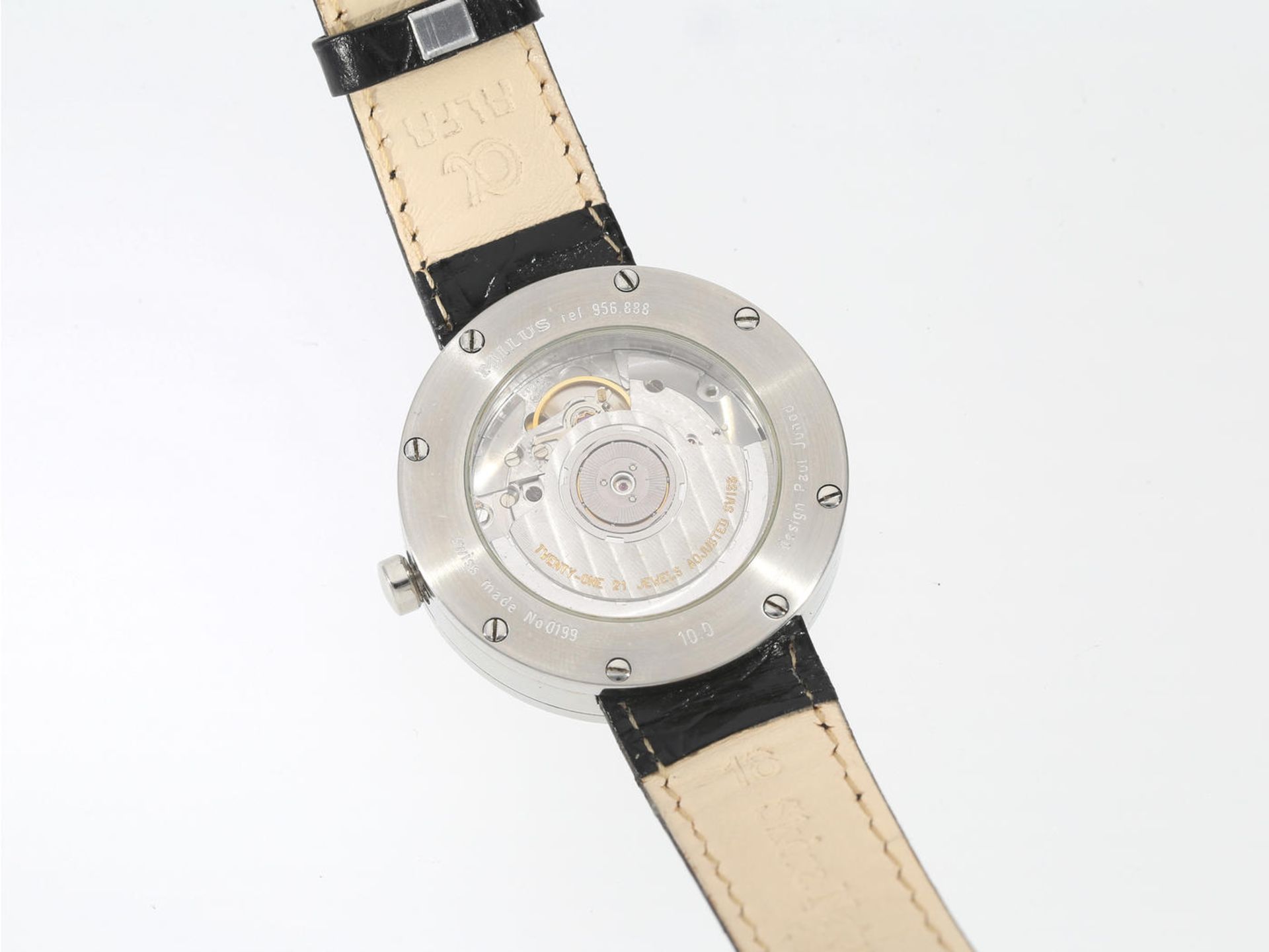 Armbanduhr: gefragte automatische Designeruhr aus Edelstahl, Milus Ref. 956.888, Design Paul Junod - Bild 2 aus 2