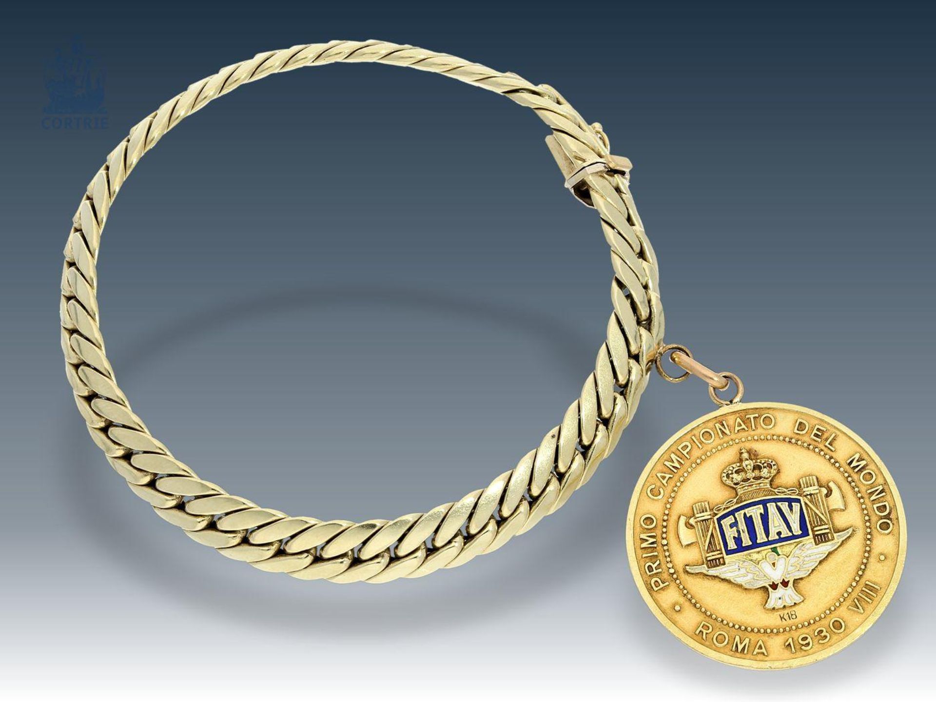 Armband: antikes Goldarmband mit seltenem Anhänger, Goldmedaille der 1. Weltmeisterschaft im