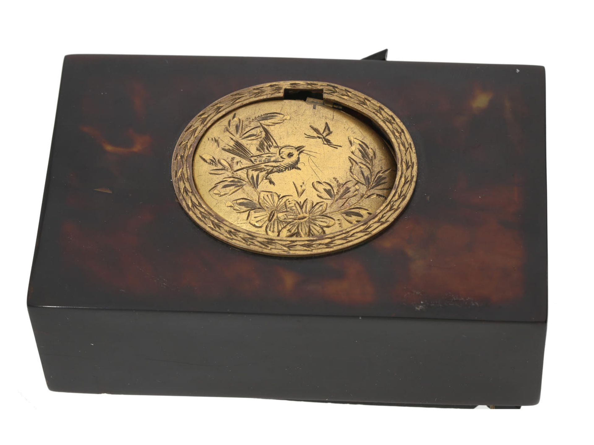 Singvogeldose: antike Singvogeldose, vermutlich um 1920, Schildpattgehäuse Ca. 10 × 6 x 4cm, Gehäuse